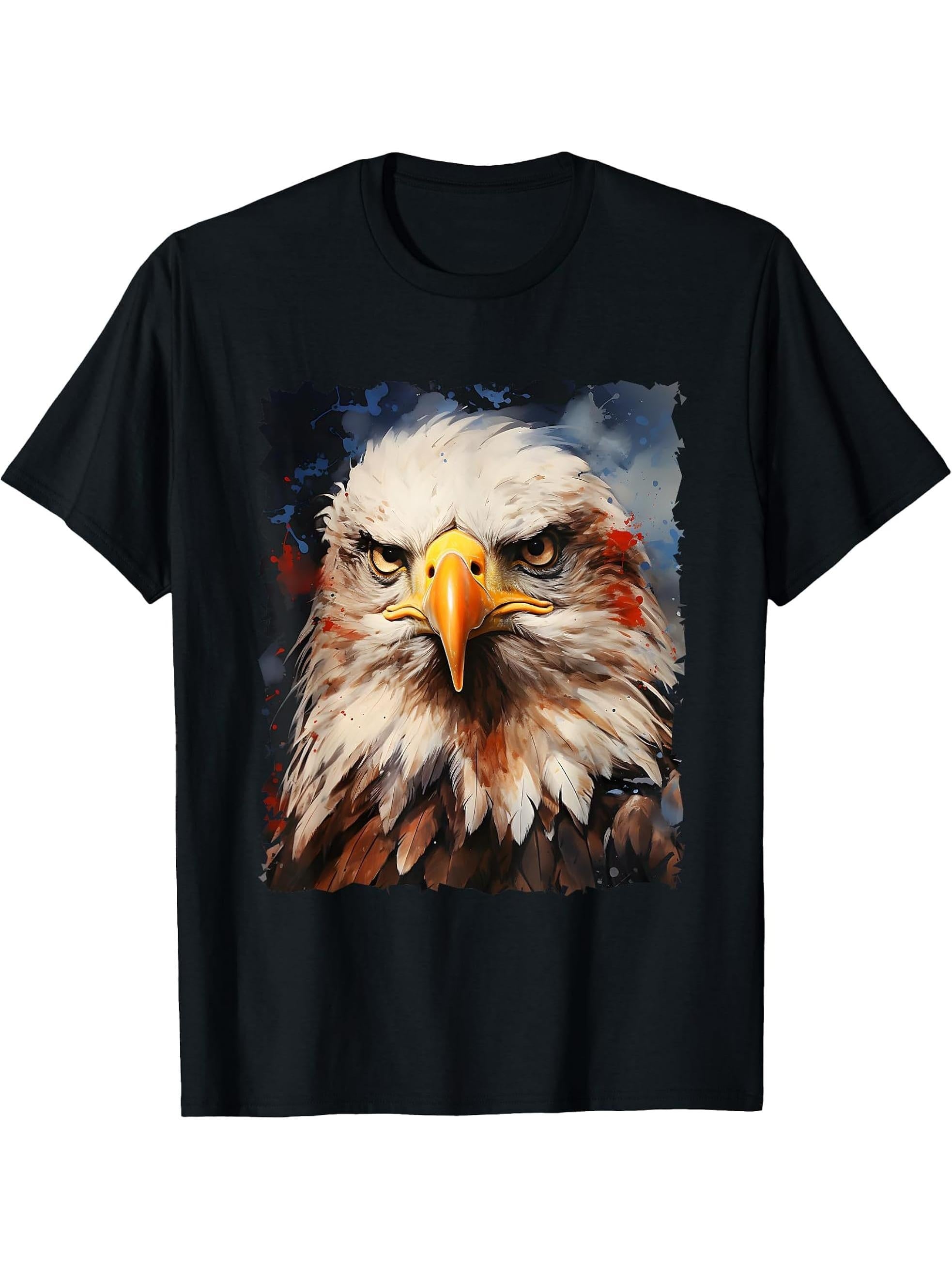 American Bird Patriotic US 4th July Bald Eagle T-Shirt 180G 100% Cotton Printed Round Neck Short-Sleeve T-Shirt, Gifts for Men Dad Husband Grandpa, S-XXXL, Black