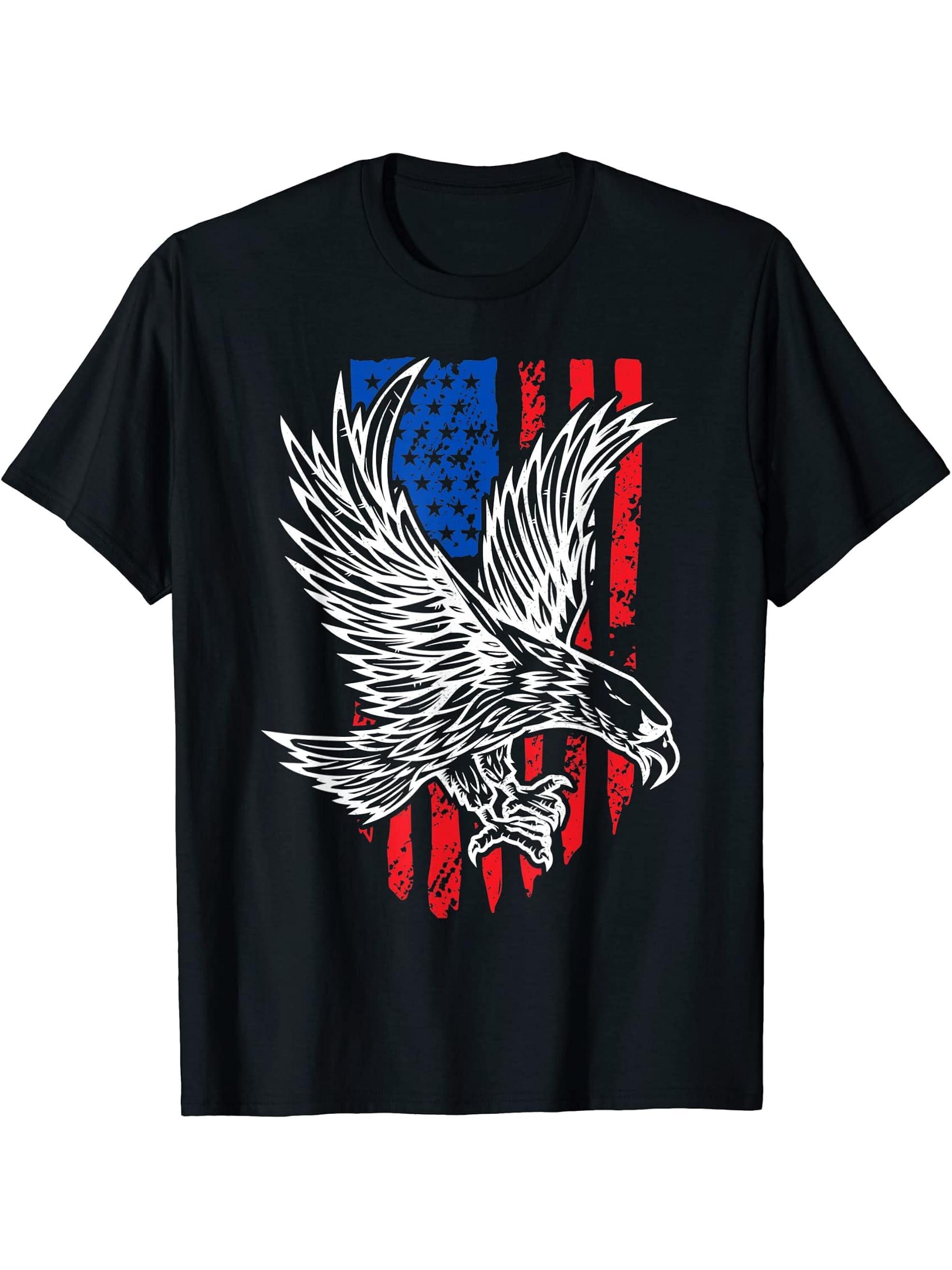 Bald Eagle 4th of July Christmas American Flag Country T-Shirt 180G 100% Cotton Printed Round Neck Short-Sleeve T-Shirt, Gifts for Men Dad Husband Grandpa, S-XXXL, Black