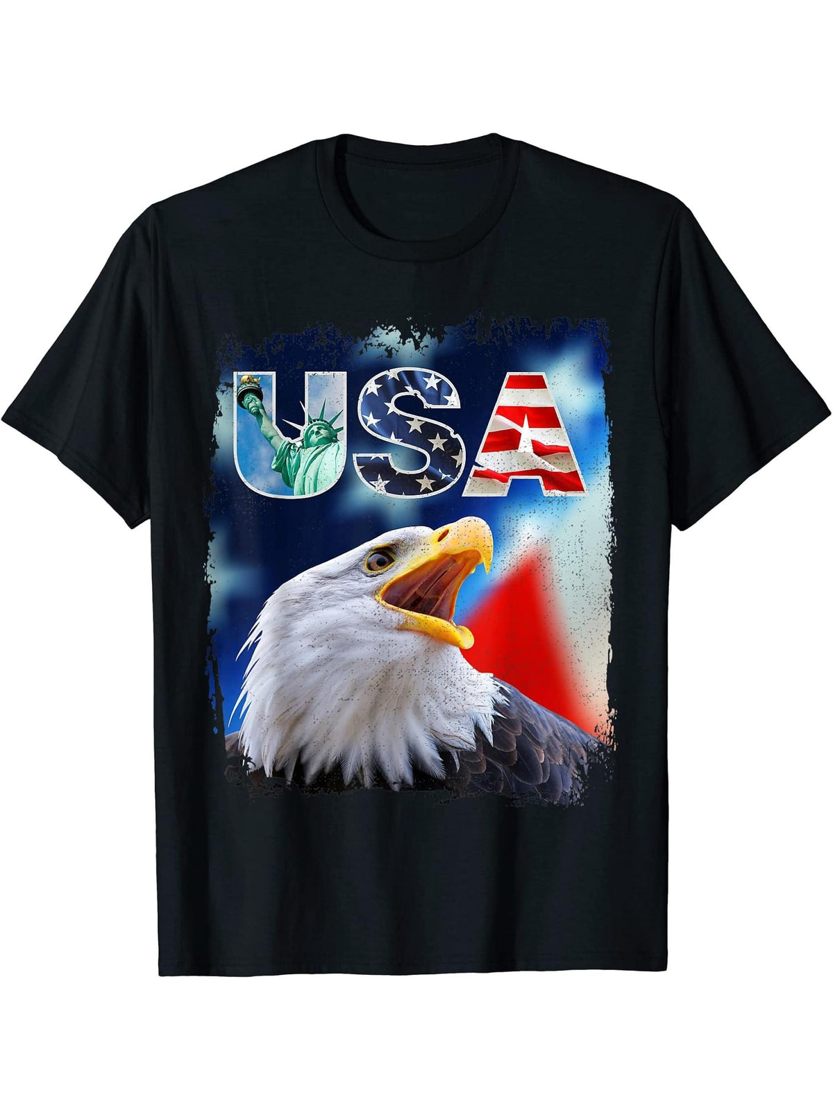 Bald Eagle 4th of July Christmas American Flag Country T-Shirt 180G 100% Cotton Printed Round Neck Short-Sleeve T-Shirt, Gifts for Men Dad Husband Grandpa, S-XXXL, Black