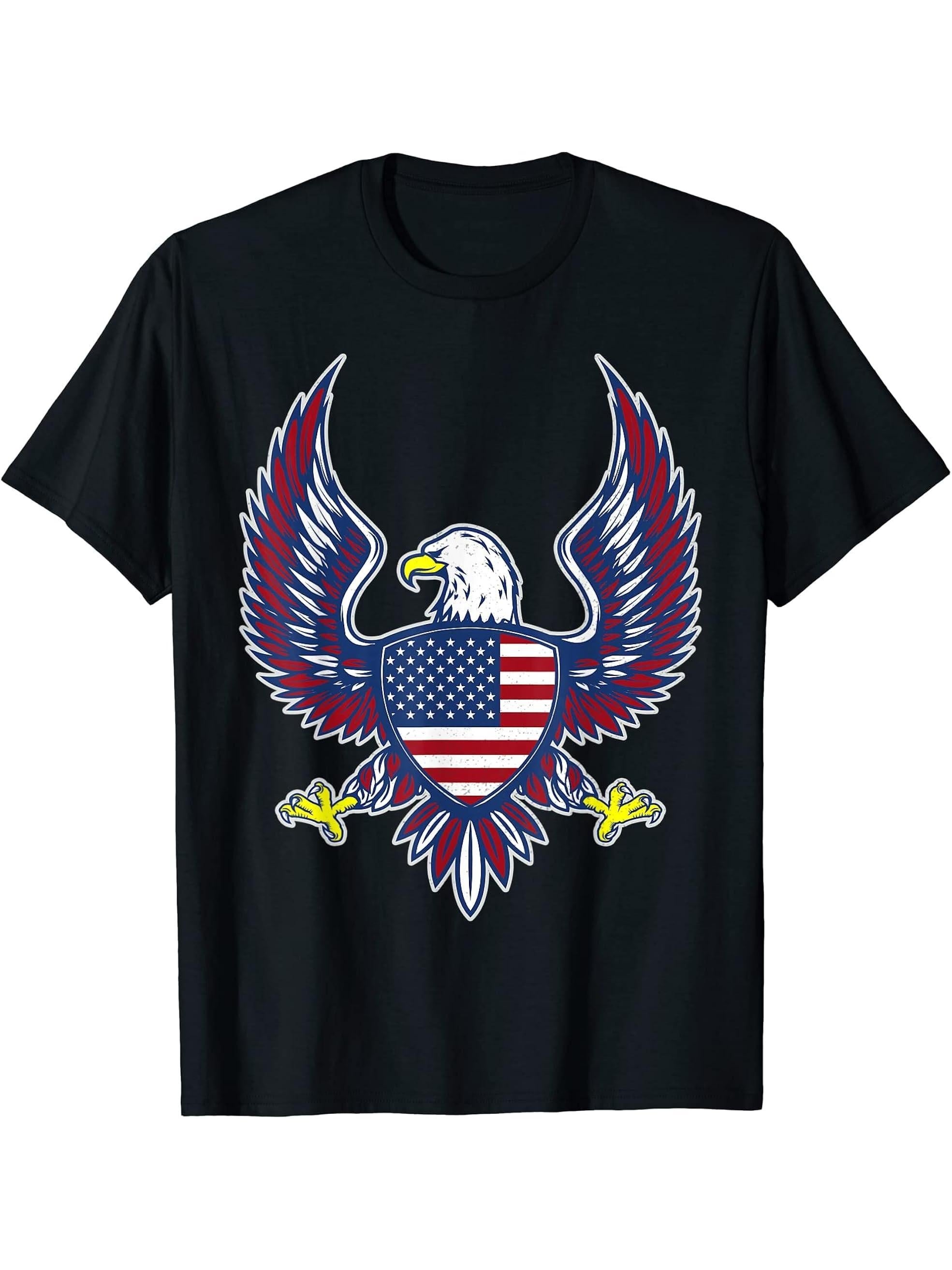 Bald Eagle 4th of July Christmas American Flag Country T-Shirt 180G 100% Cotton Printed Round Neck Short-Sleeve T-Shirt, Gifts for Men Dad Husband Grandpa, S-XXXL, Black