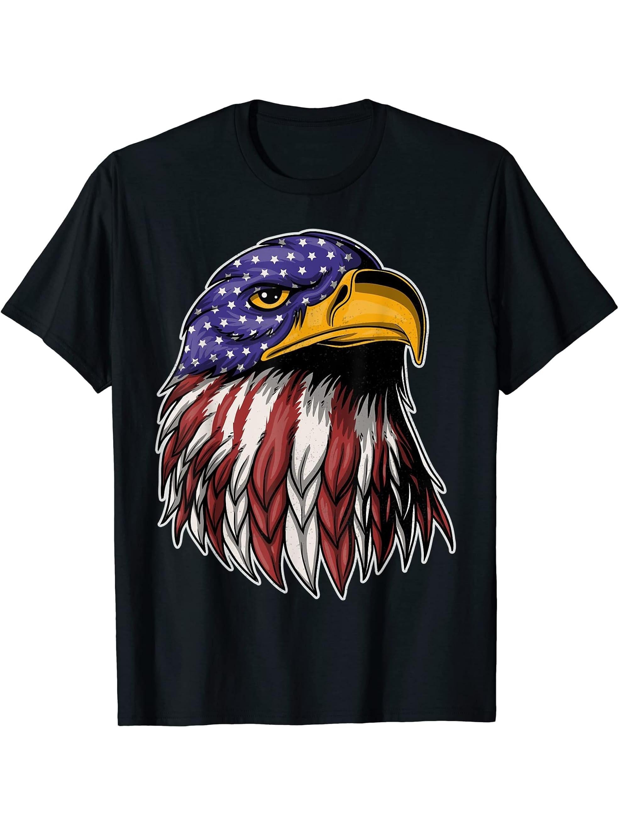 Bald Eagle 4th of July Christmas American Flag Country T-Shirt 180G 100% Cotton Printed Round Neck Short-Sleeve T-Shirt, Gifts for Men Dad Husband Grandpa, S-XXXL, Black