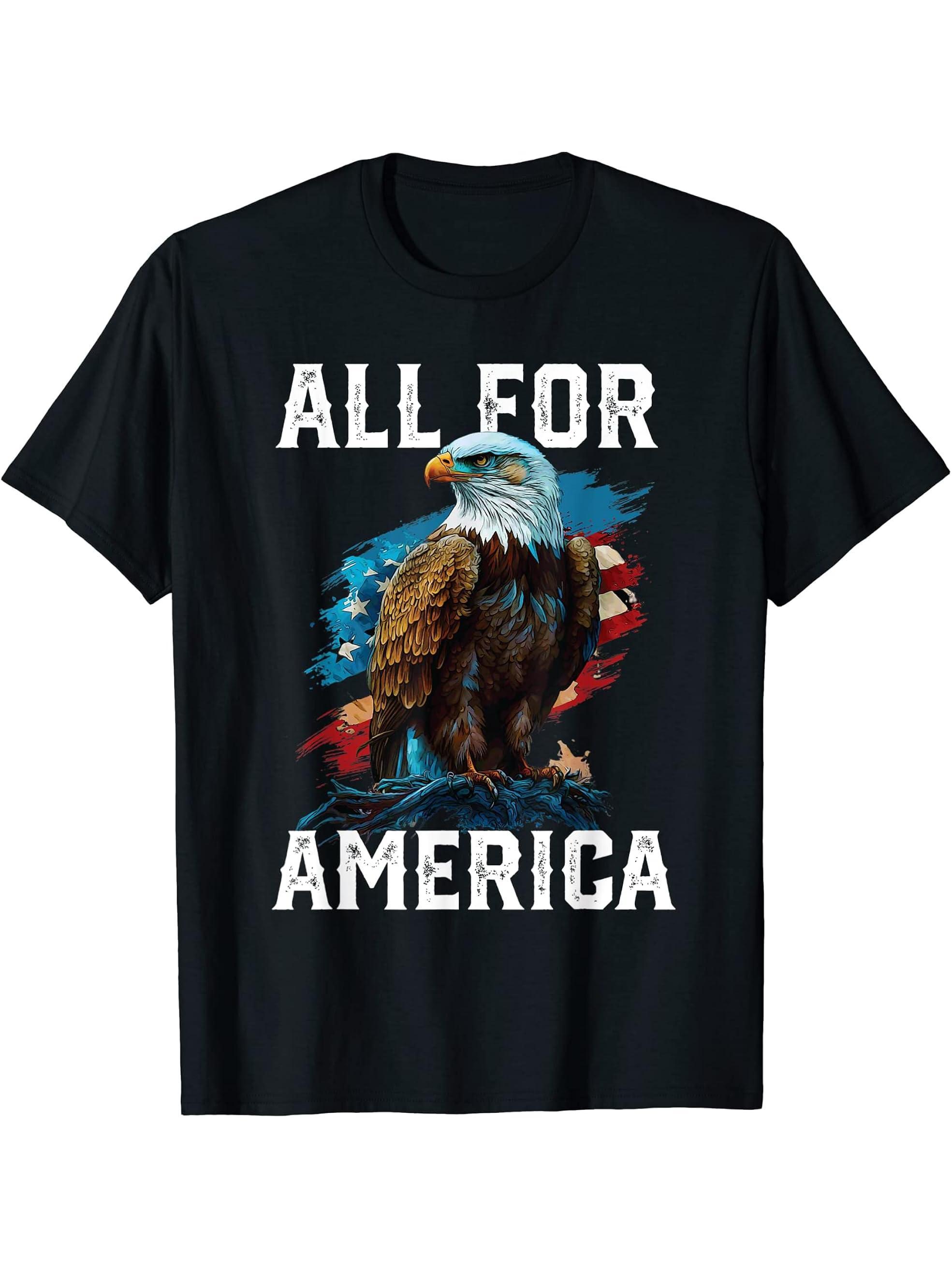 All for America American Bald Eagle USA Flag Patriotic T-Shirt 180G 100% Cotton Printed Round Neck Short-Sleeve T-Shirt, Gifts for Men Dad Husband Grandpa, S-XXXL, Black