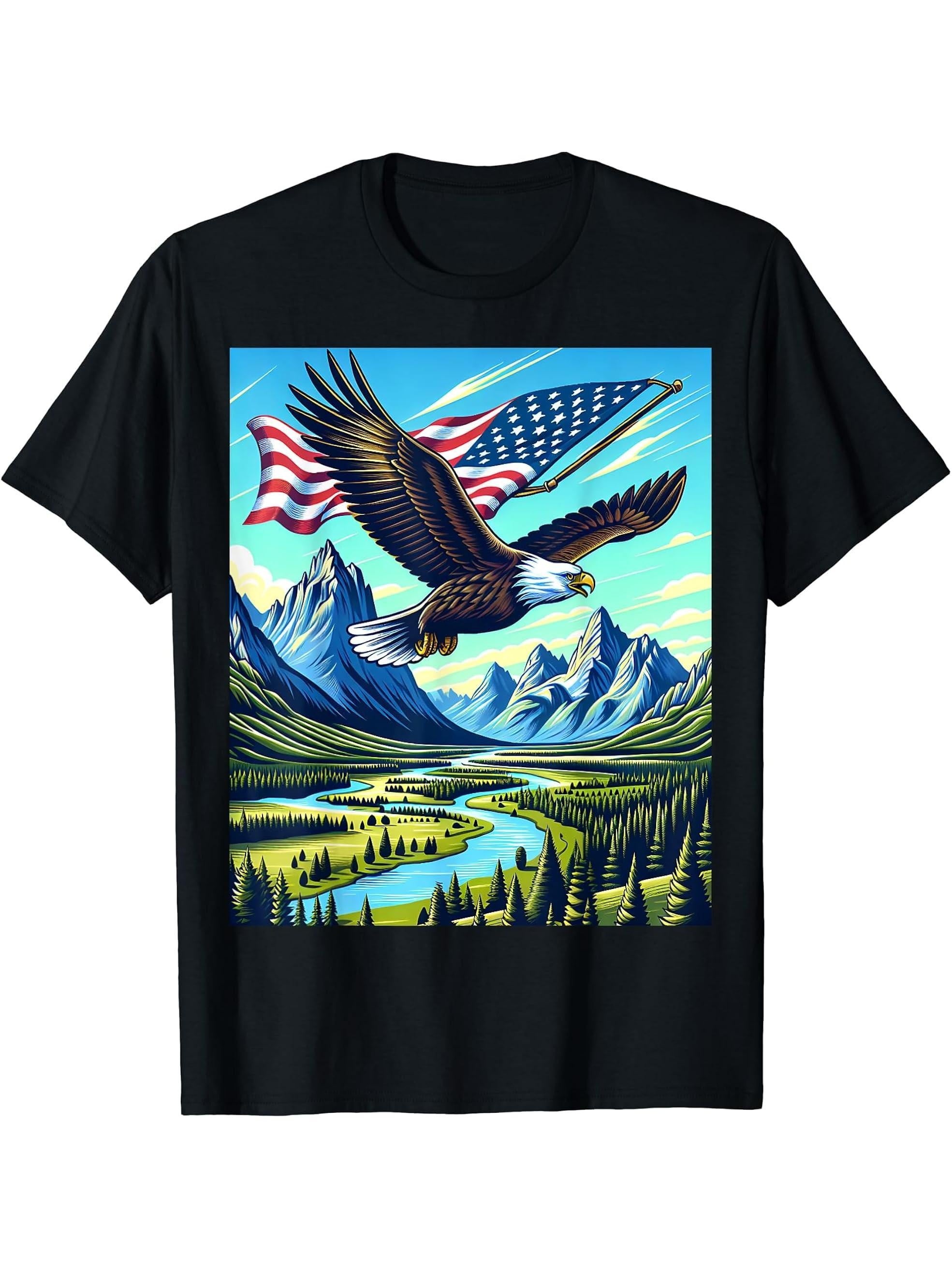 Bald Eagle Over National Park With Flag T-Shirt 180G 100% Cotton Printed Round Neck Short-Sleeve T-Shirt, Gifts for Men Dad Husband Grandpa, S-XXXL, Black