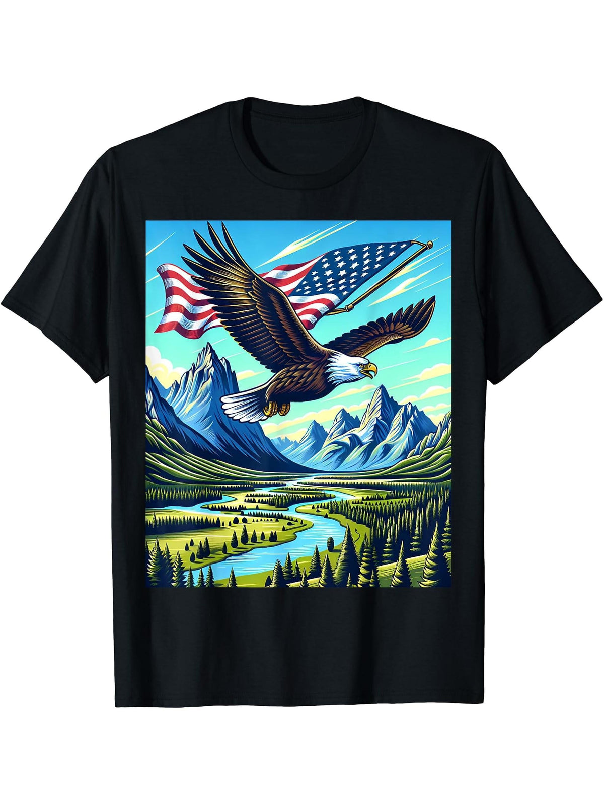 Bald Eagle Over National Park With Flag T-Shirt 180G 100% Cotton Printed Round Neck Short-Sleeve T-Shirt, Gifts for Men Dad Husband Grandpa, S-XXXL, Black