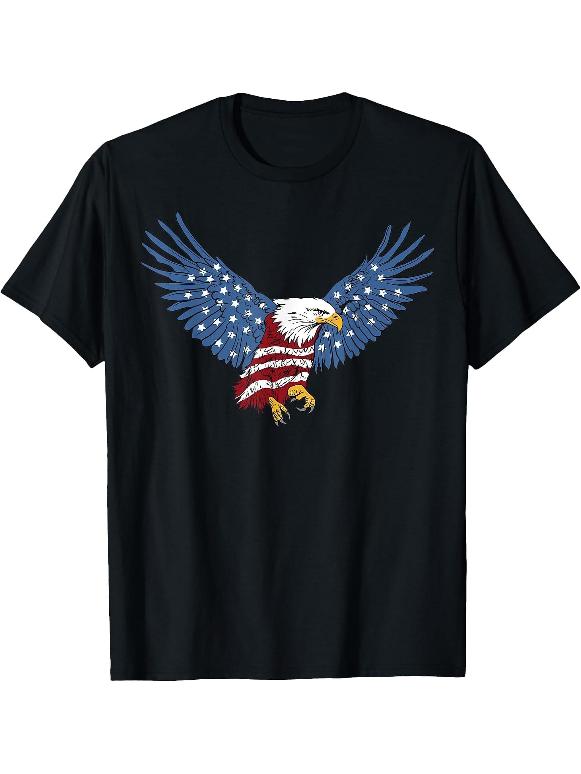 Bald Eagle With American Flag Patriotic Design T-Shirt 180G 100% Cotton Printed Round Neck Short-Sleeve T-Shirt, Gifts for Men Dad Husband Grandpa, S-XXXL, Black