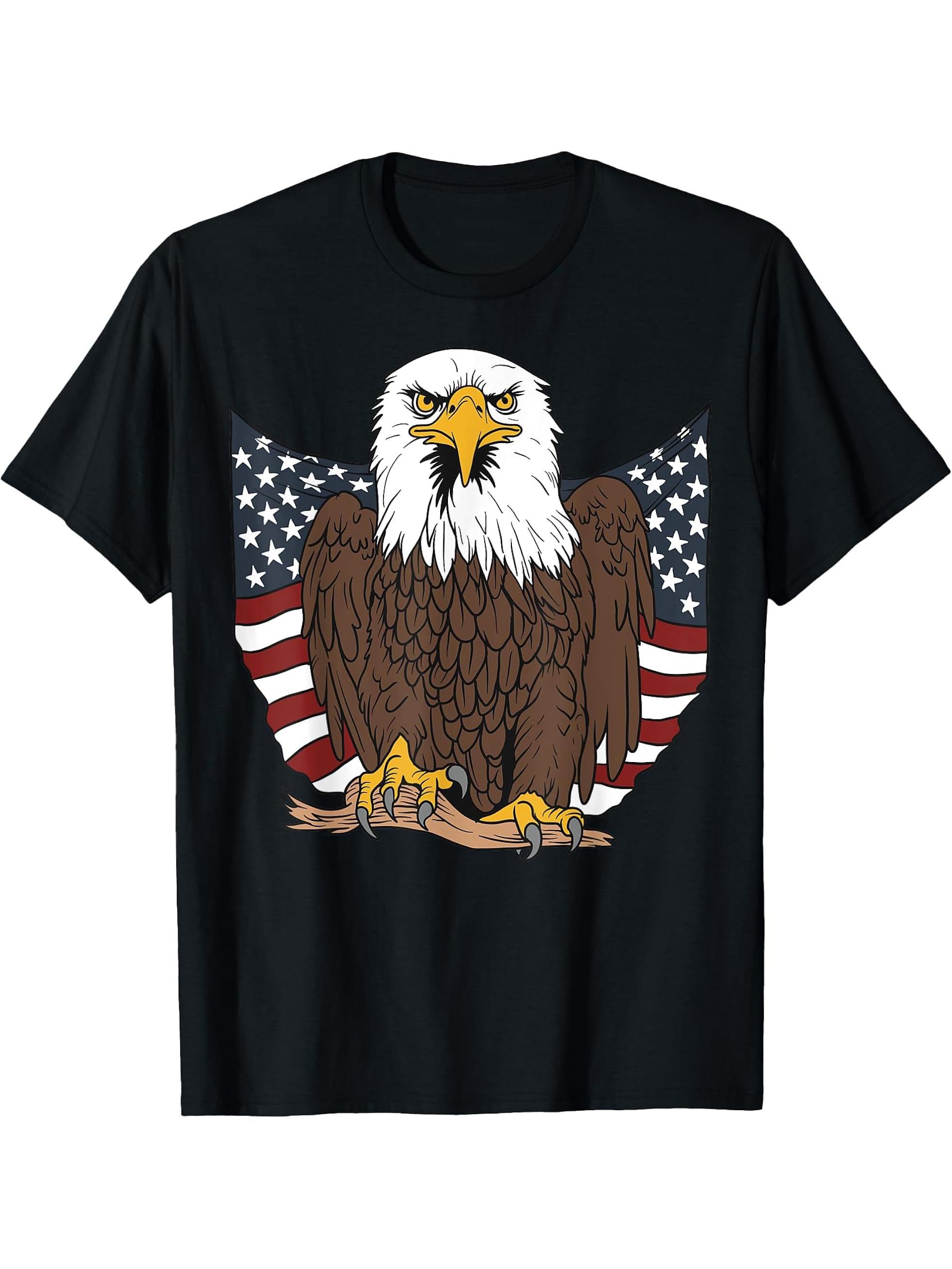 Bald Eagle With American Flag Patriotic Design T-Shirt 180G 100% Cotton Printed Round Neck Short-Sleeve T-Shirt, Gifts for Men Dad Husband Grandpa, S-XXXL, Black