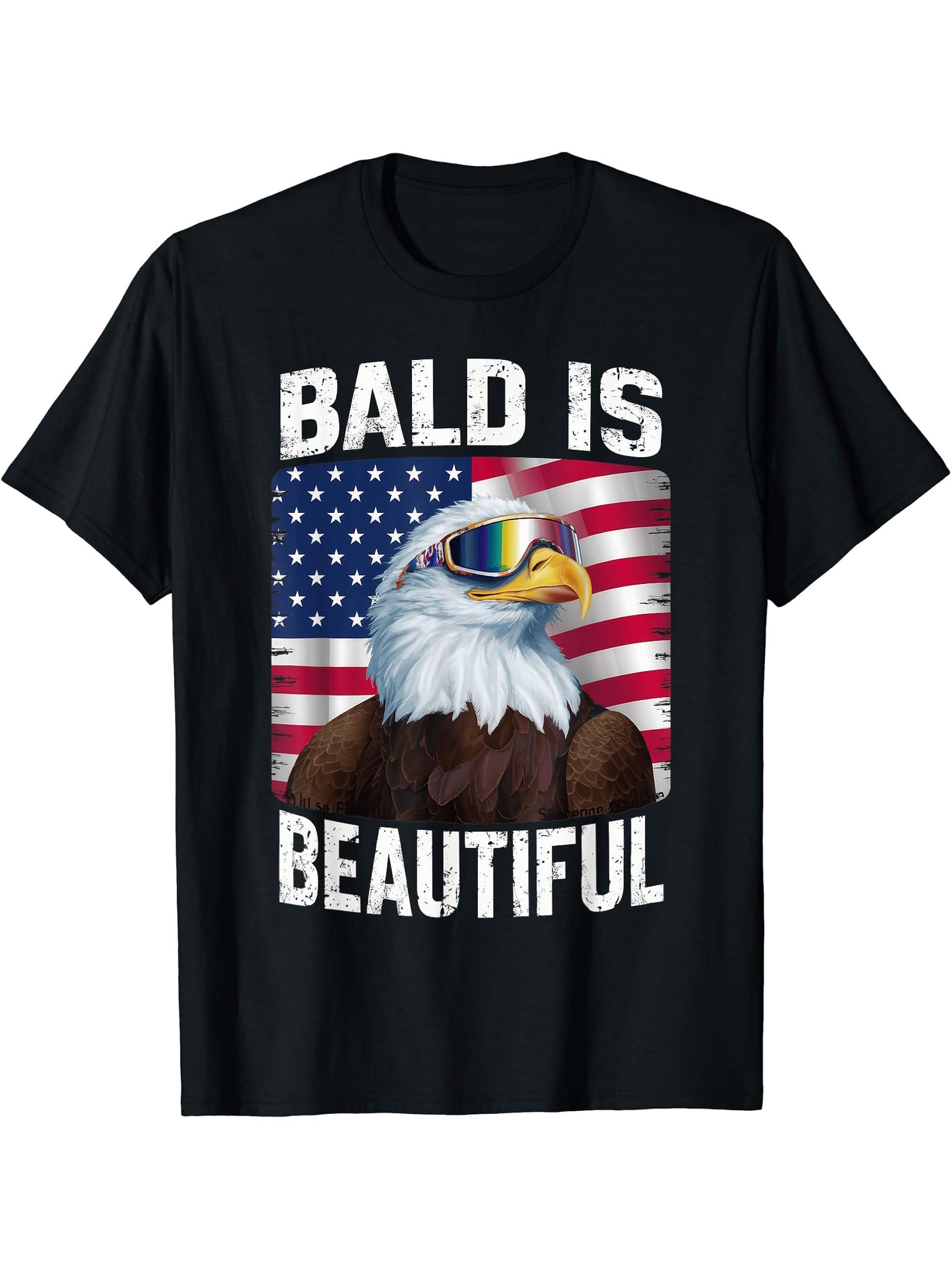 Bald Eagle Bald Is Beautiful 4th of July Independence Day T-Shirt 180G 100% Cotton Printed Round Neck Short-Sleeve T-Shirt, Gifts for Men Dad Husband Grandpa, S-XXXL, Black