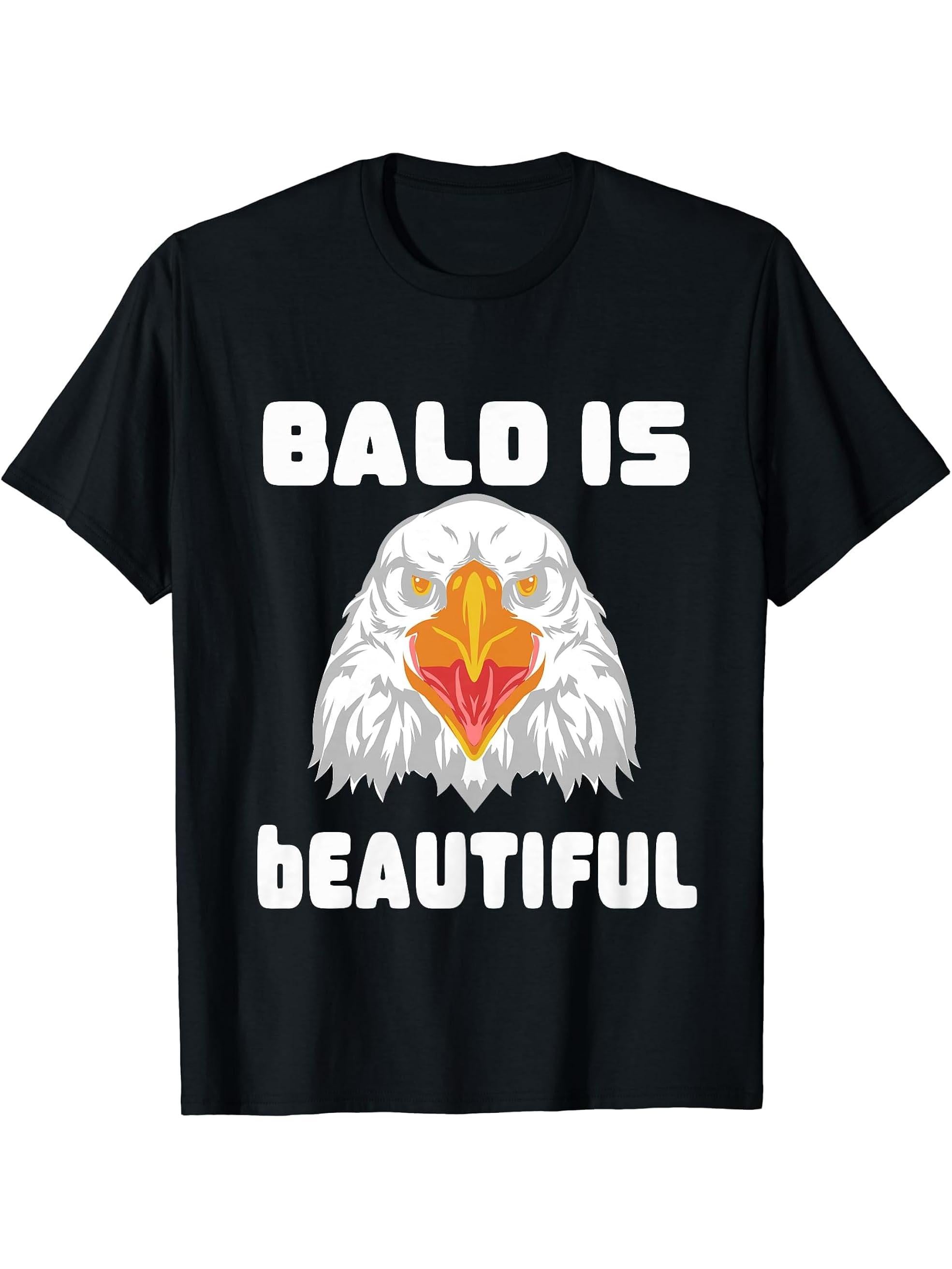 Bald Is Beautiful, 4th of July for Bald Eagle Lover T-Shirt 180G 100% Cotton Printed Round Neck Short-Sleeve T-Shirt, Gifts for Men Dad Husband Grandpa, S-XXXL, Black