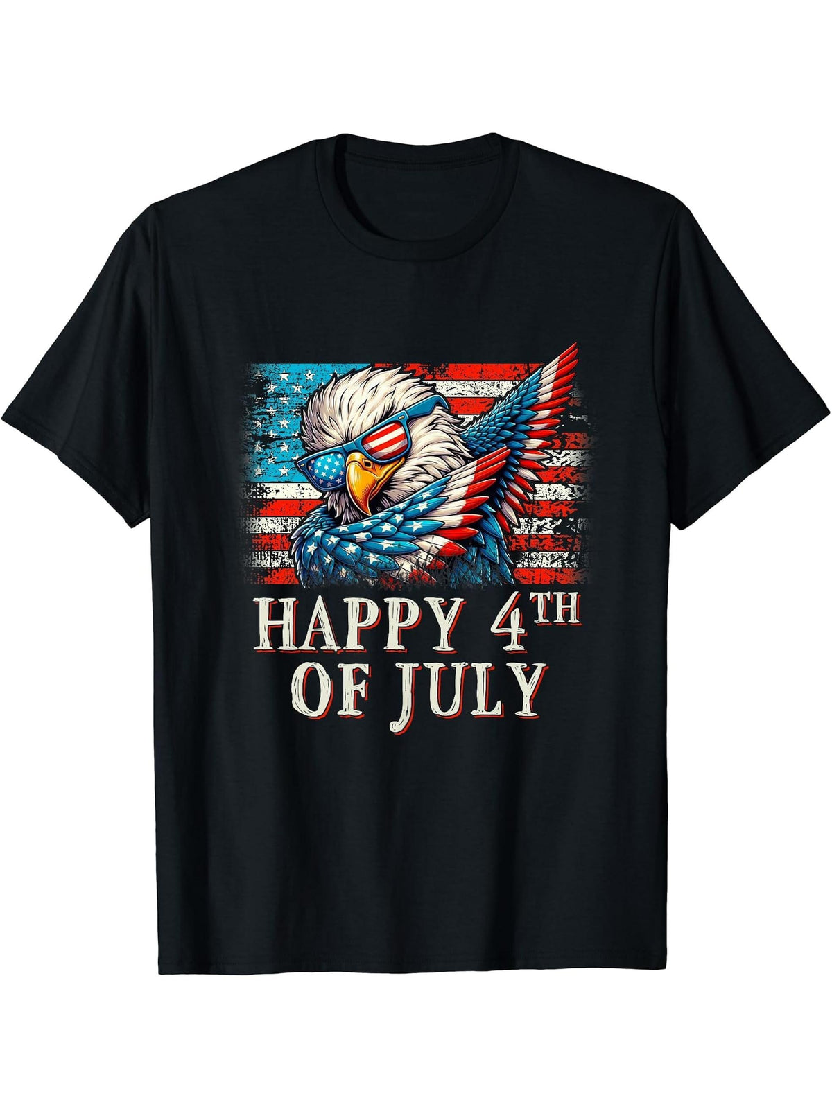 American Flag Happy 4th of July Patriotic Bald Eagle Dabbing T-Shirt 180G 100% Cotton Printed Round Neck Short-Sleeve T-Shirt, Gifts for Men Dad Husband Grandpa, S-XXXL, Black