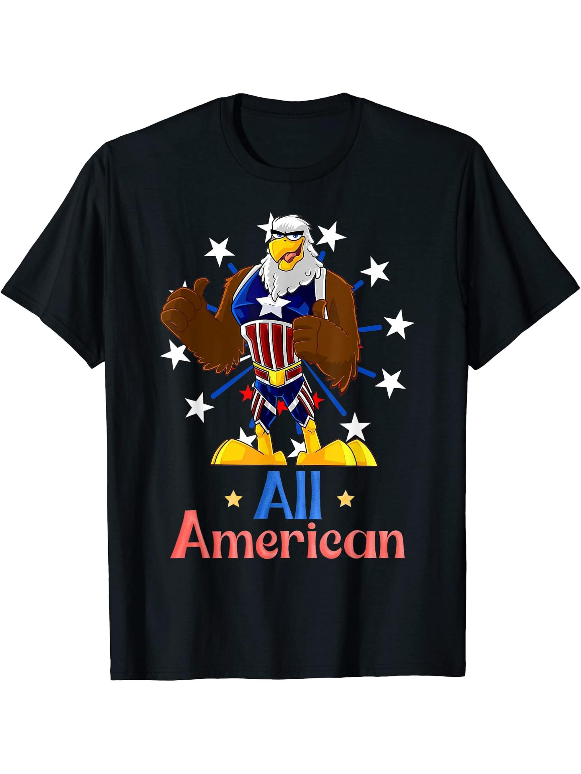 Cartoon American Bald Eagle 4th of July Patriotic USA Flag T-Shirt 180G 100% Cotton Printed Round Neck Short-Sleeve T-Shirt, Gifts for Men Dad Husband Grandpa, S-XXXL, Black