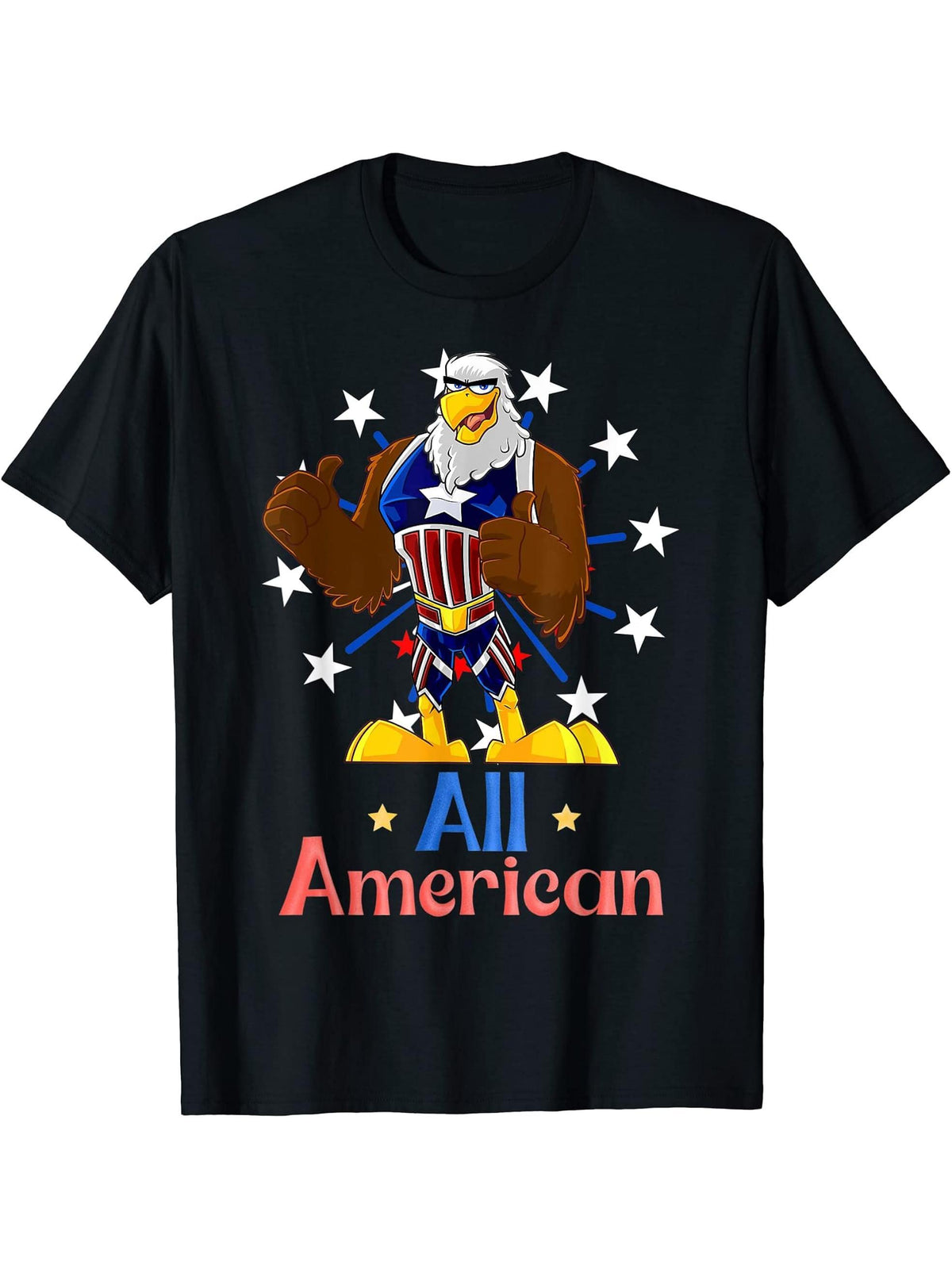 Cartoon American Bald Eagle 4th of July Patriotic USA Flag T-Shirt 180G 100% Cotton Printed Round Neck Short-Sleeve T-Shirt, Gifts for Men Dad Husband Grandpa, S-XXXL, Black