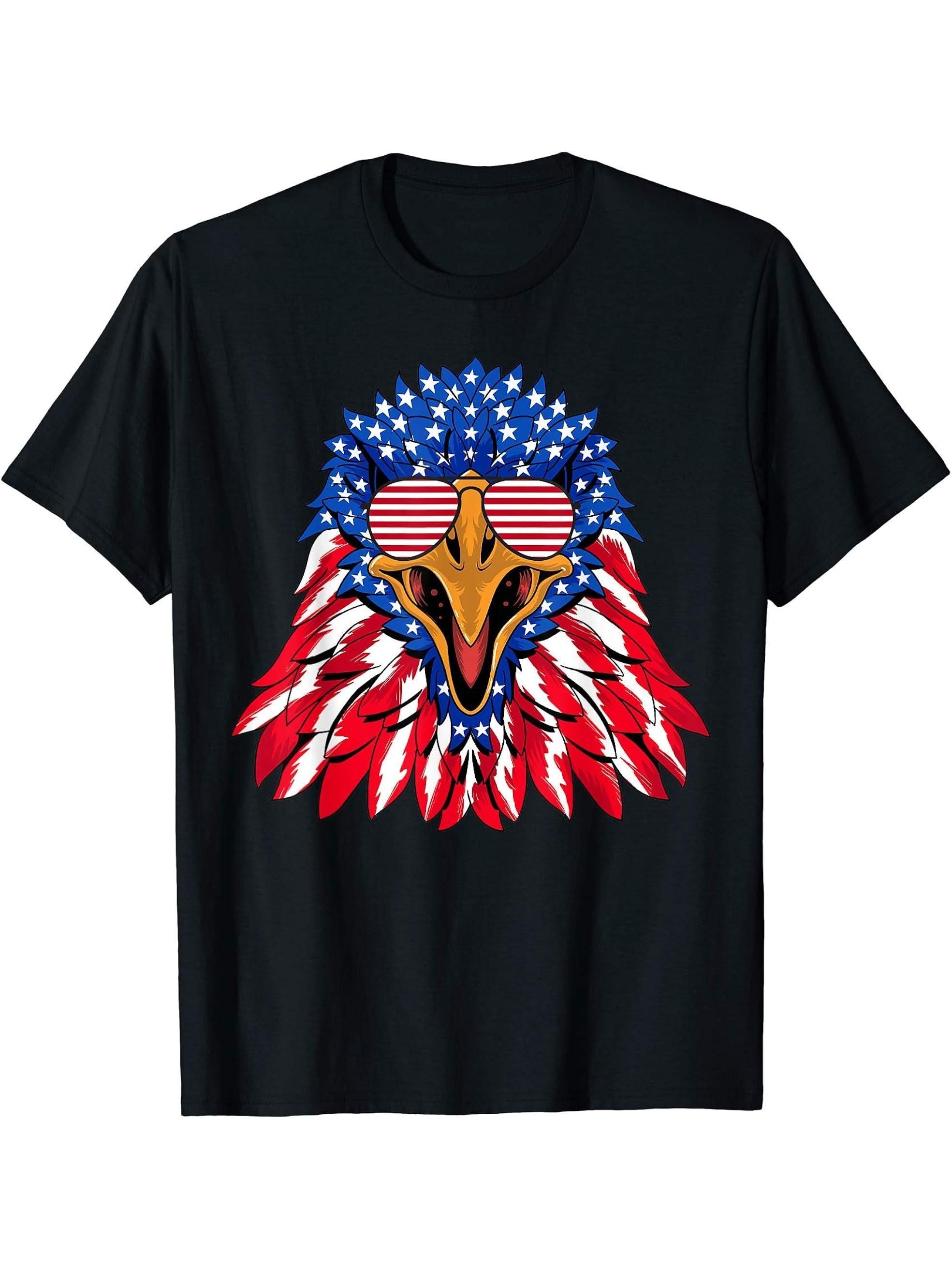 American Flag Bald Eagle Sunglasses 4th of July Patriotic T-Shirt 180G 100% Cotton Printed Round Neck Short-Sleeve T-Shirt, Gifts for Men Dad Husband Grandpa, S-XXXL, Black