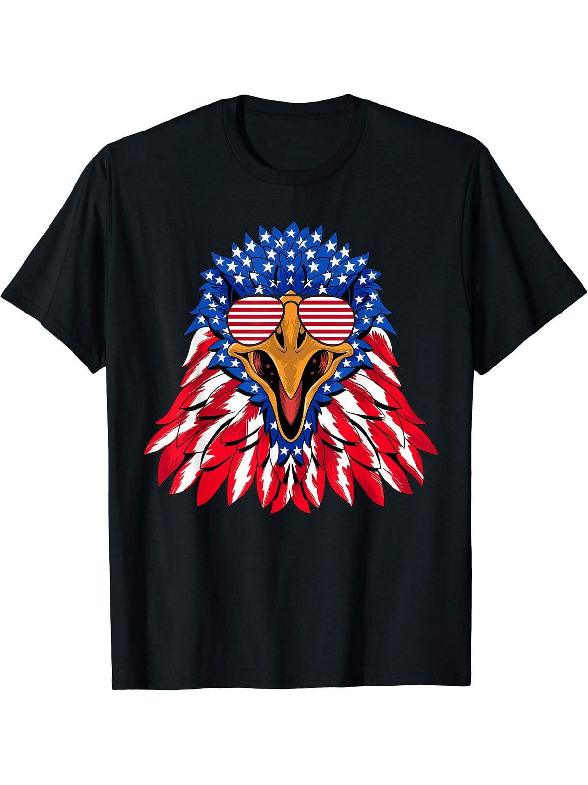 American Flag Bald Eagle Sunglasses 4th of July Patriotic T-Shirt 180G 100% Cotton Printed Round Neck Short-Sleeve T-Shirt, Gifts for Men Dad Husband Grandpa, S-XXXL, Black