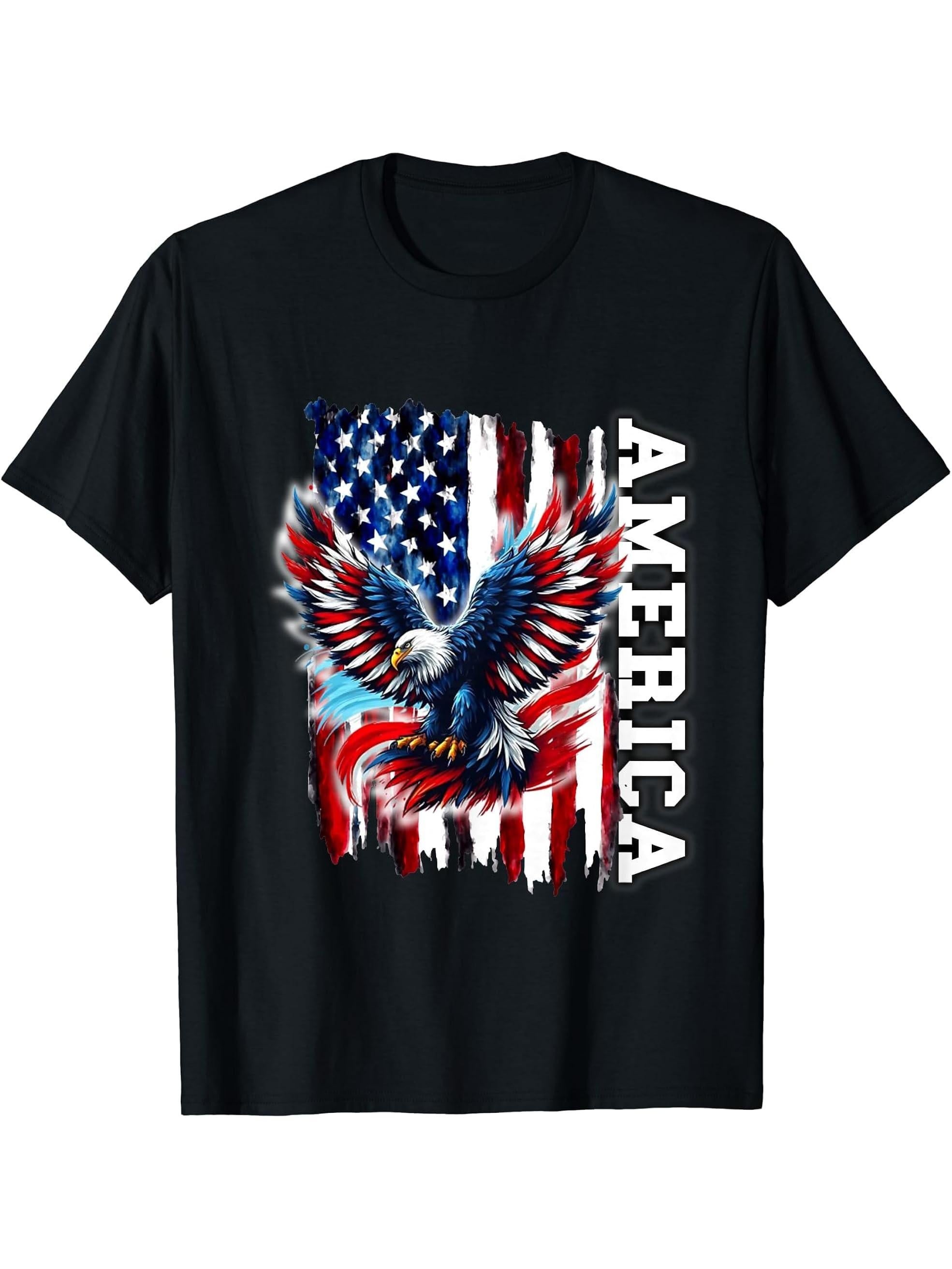 American USA Patriotic Bald Eagle Flag Might Vintage Design T-Shirt 180G 100% Cotton Printed Round Neck Short-Sleeve T-Shirt, Gifts for Men Dad Husband Grandpa, S-XXXL, Black