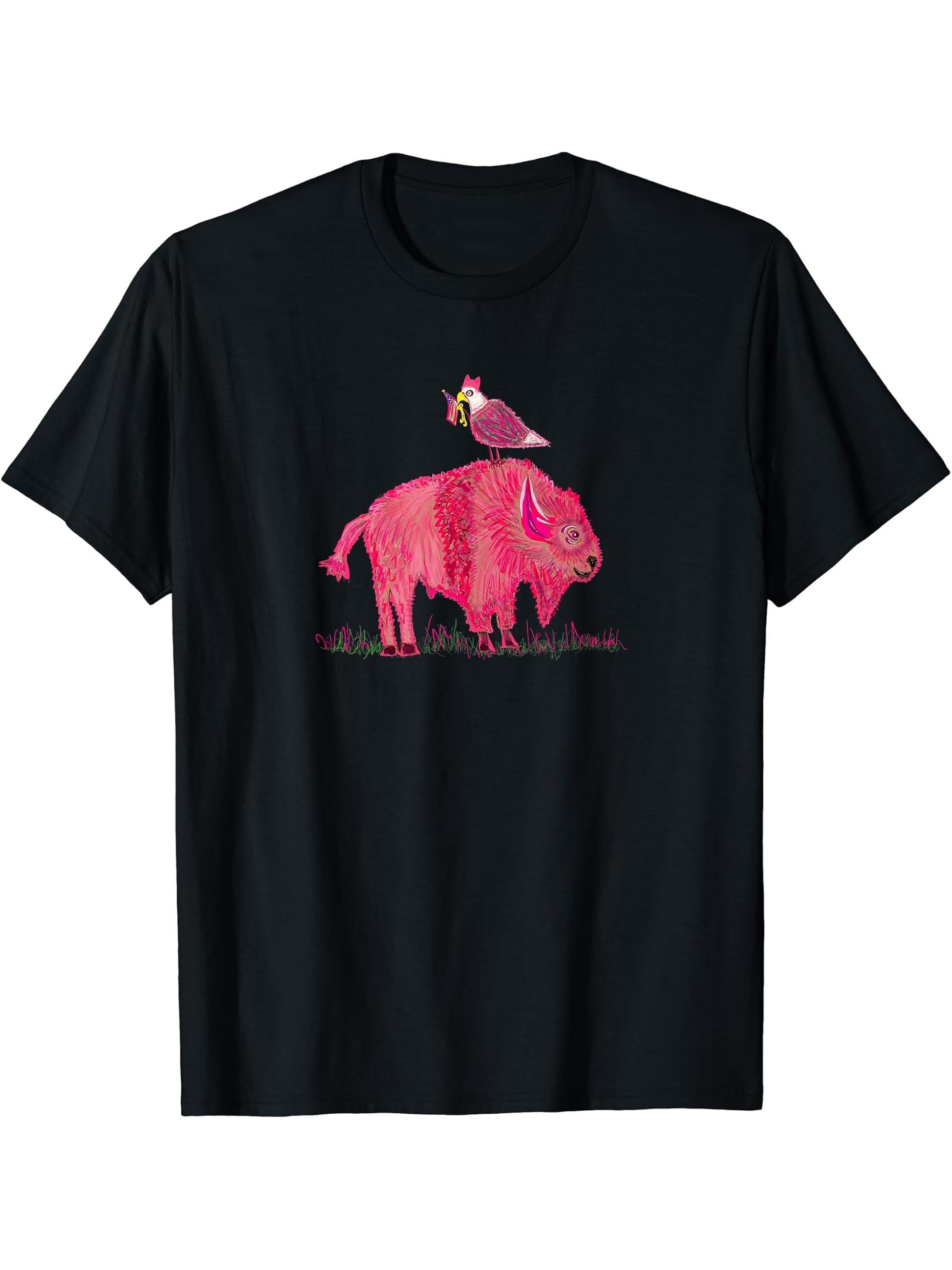 Pink Pussy Cat Hat Bald Eagle and Buffalo T Shirt 180G 100% Cotton Printed Round Neck Short-Sleeve T-Shirt, Gifts for Men Dad Husband Grandpa, S-XXXL, Black
