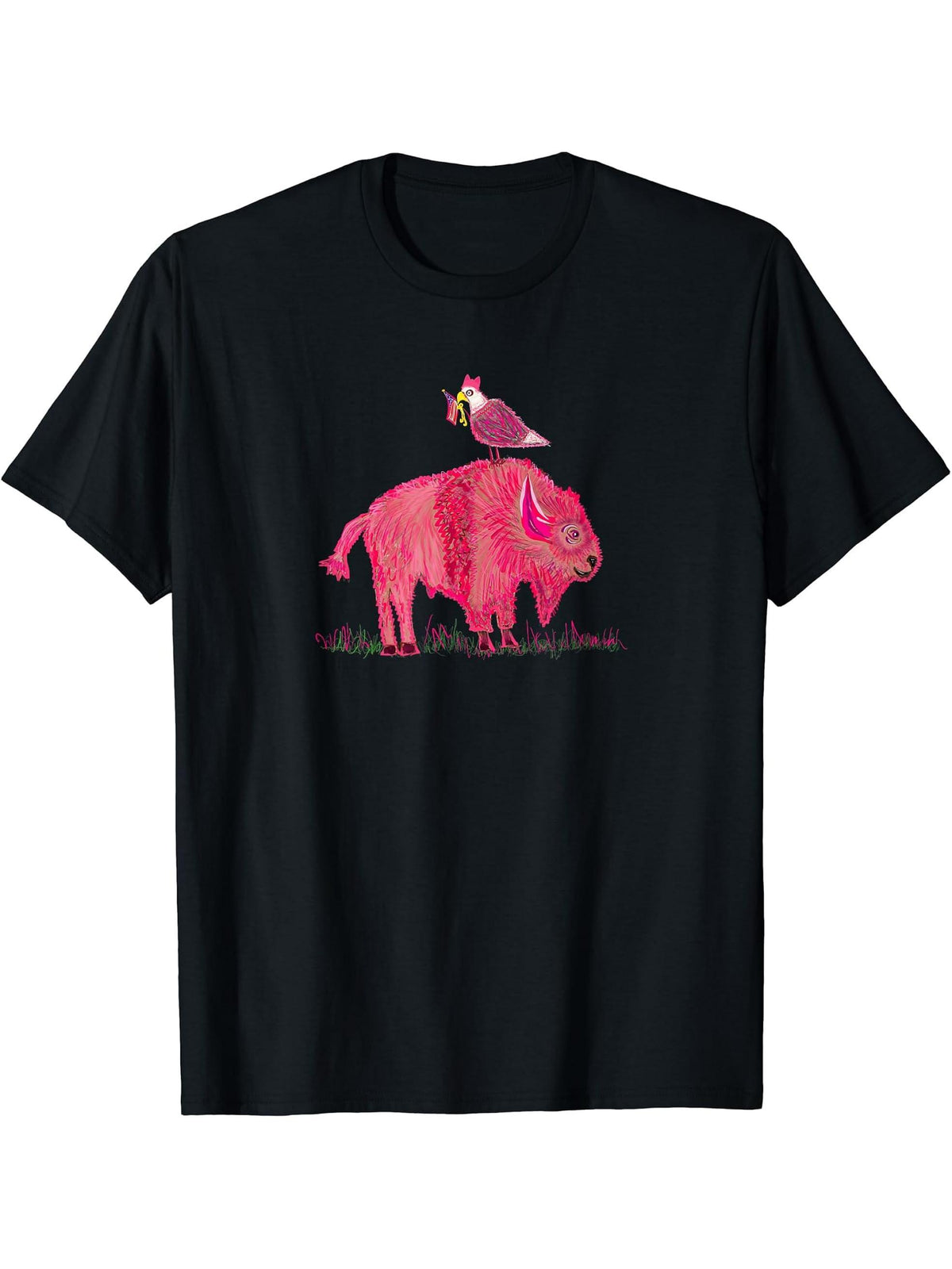 Pink Pussy Cat Hat Bald Eagle and Buffalo T Shirt 180G 100% Cotton Printed Round Neck Short-Sleeve T-Shirt, Gifts for Men Dad Husband Grandpa, S-XXXL, Black
