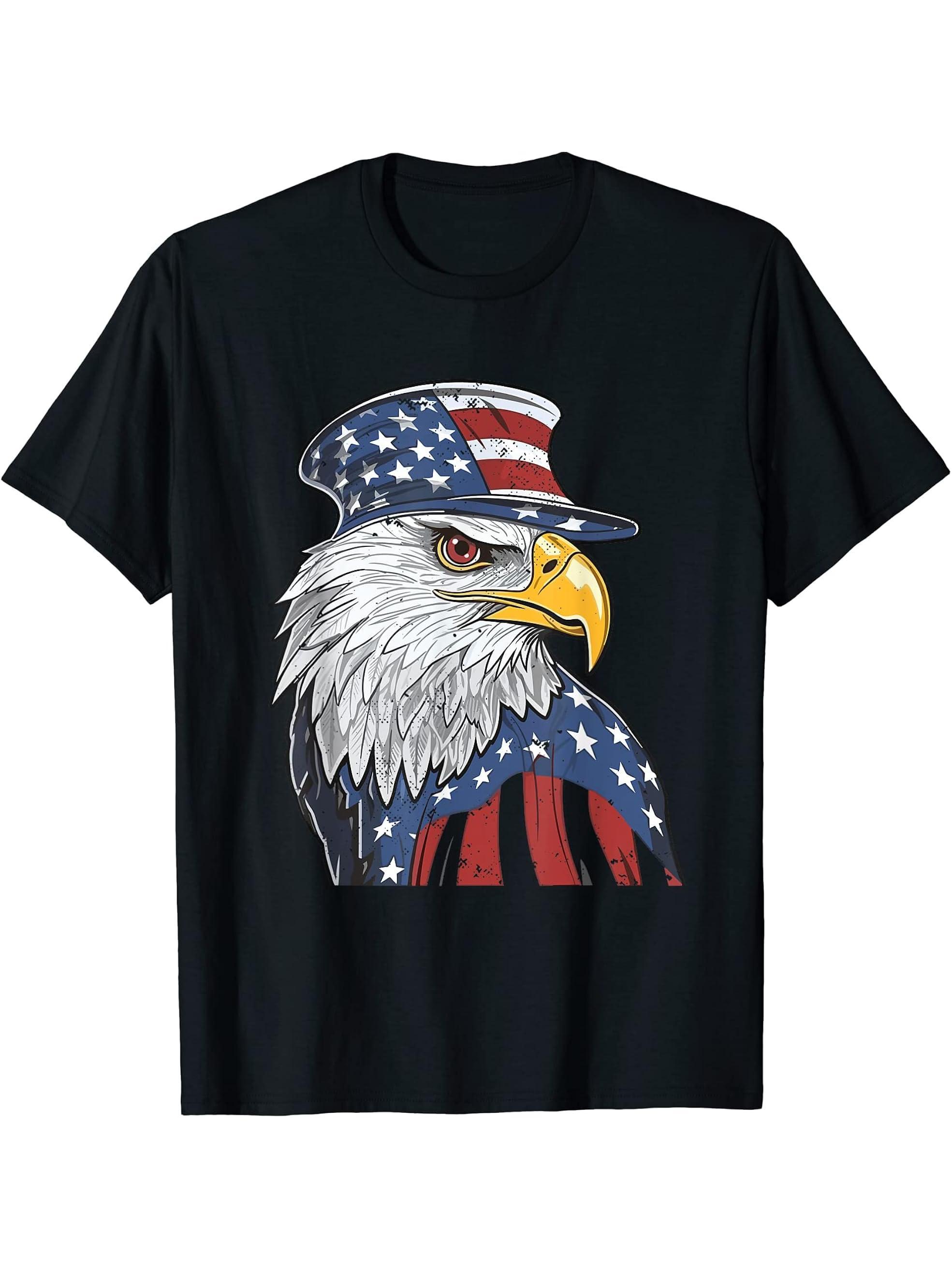 Bald Eagle Proud Patriotic American US Flag 4th Of July T-Shirt 180G 100% Cotton Printed Round Neck Short-Sleeve T-Shirt, Gifts for Men Dad Husband Grandpa, S-XXXL, Black