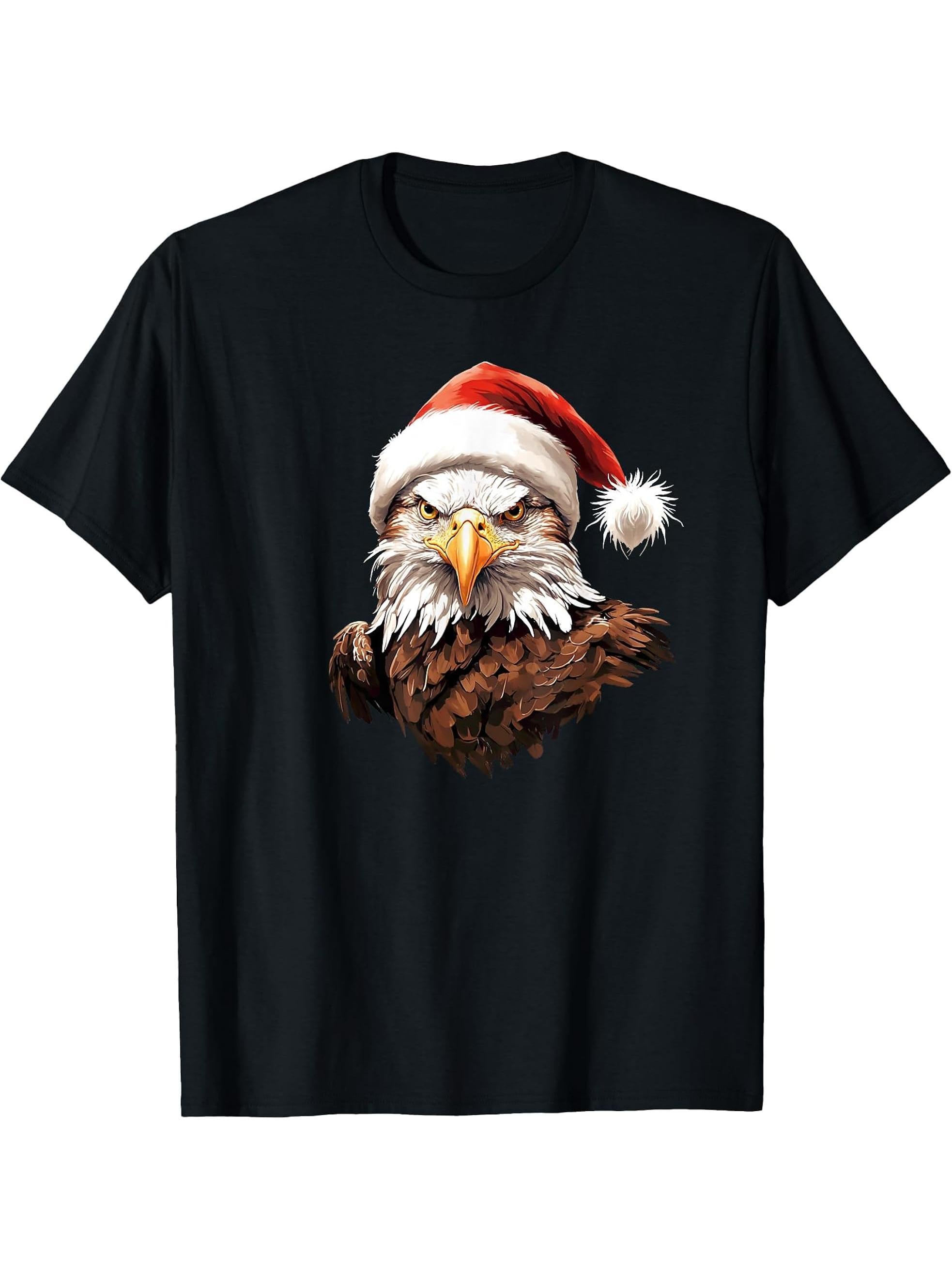 American Bald Eagle Wearing A Red Christmas Santa Hat T-Shirt 180G 100% Cotton Printed Round Neck Short-Sleeve T-Shirt, Gifts for Men Dad Husband Grandpa, S-XXXL, Black