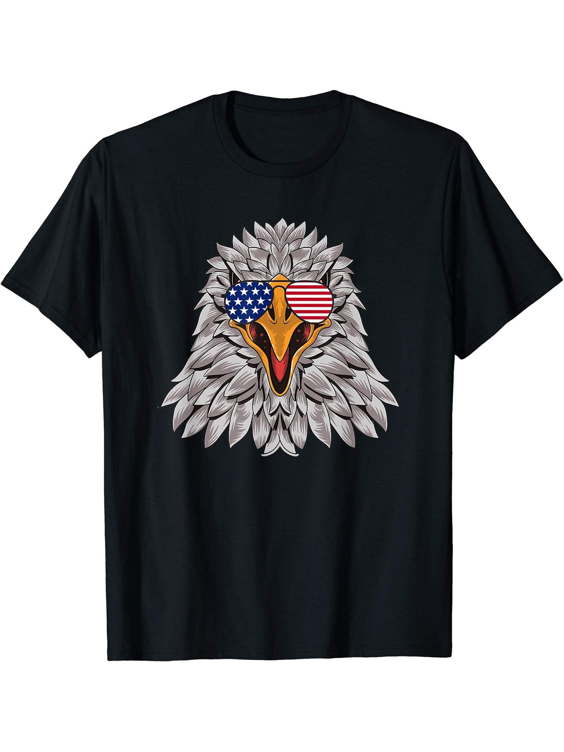 American Flag Bald Eagle Sunglasses 4th of July Patriotic T-Shirt 180G 100% Cotton Printed Round Neck Short-Sleeve T-Shirt, Gifts for Men Dad Husband Grandpa, S-XXXL, Black