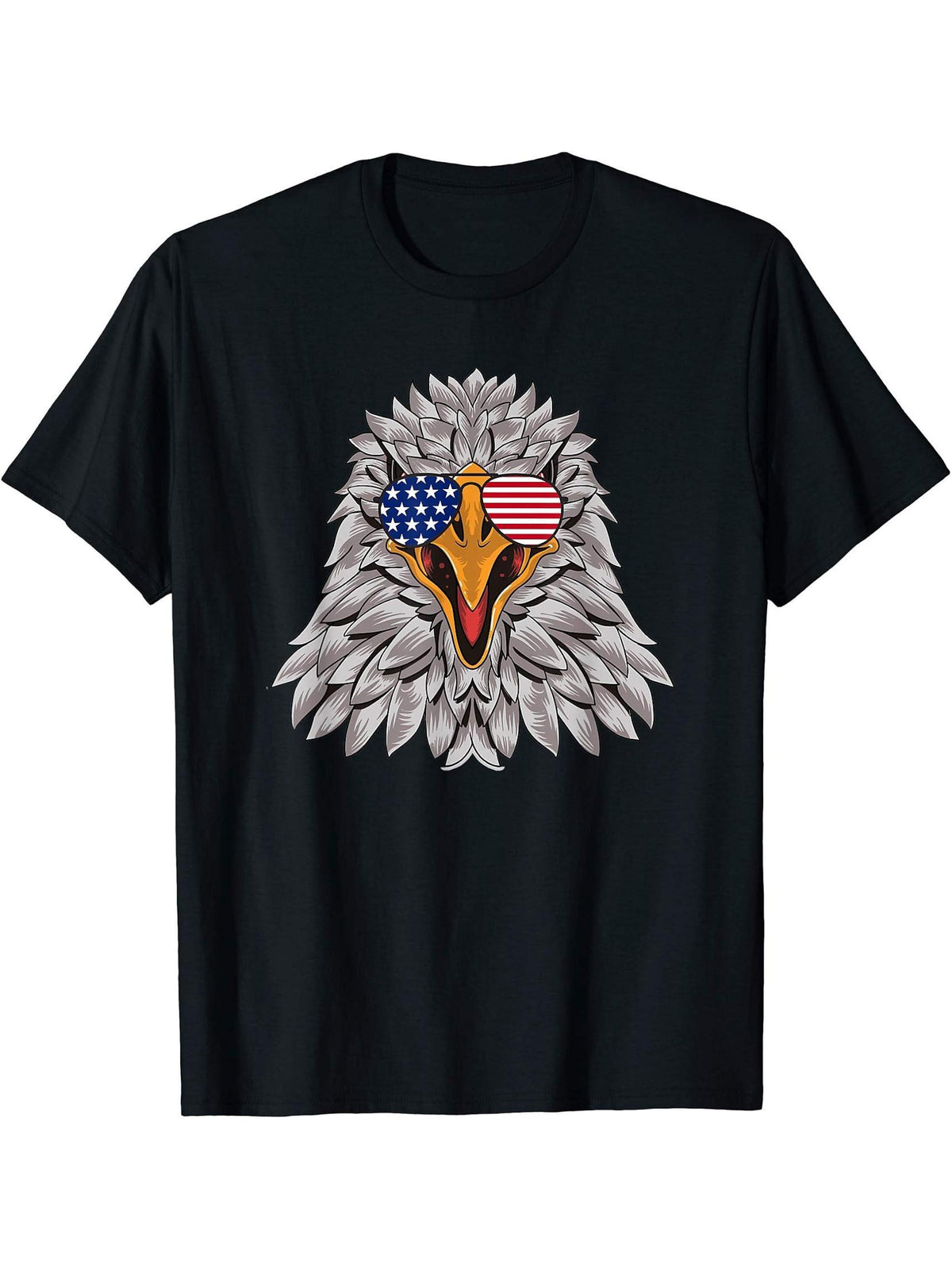 American Flag Bald Eagle Sunglasses 4th of July Patriotic T-Shirt 180G 100% Cotton Printed Round Neck Short-Sleeve T-Shirt, Gifts for Men Dad Husband Grandpa, S-XXXL, Black