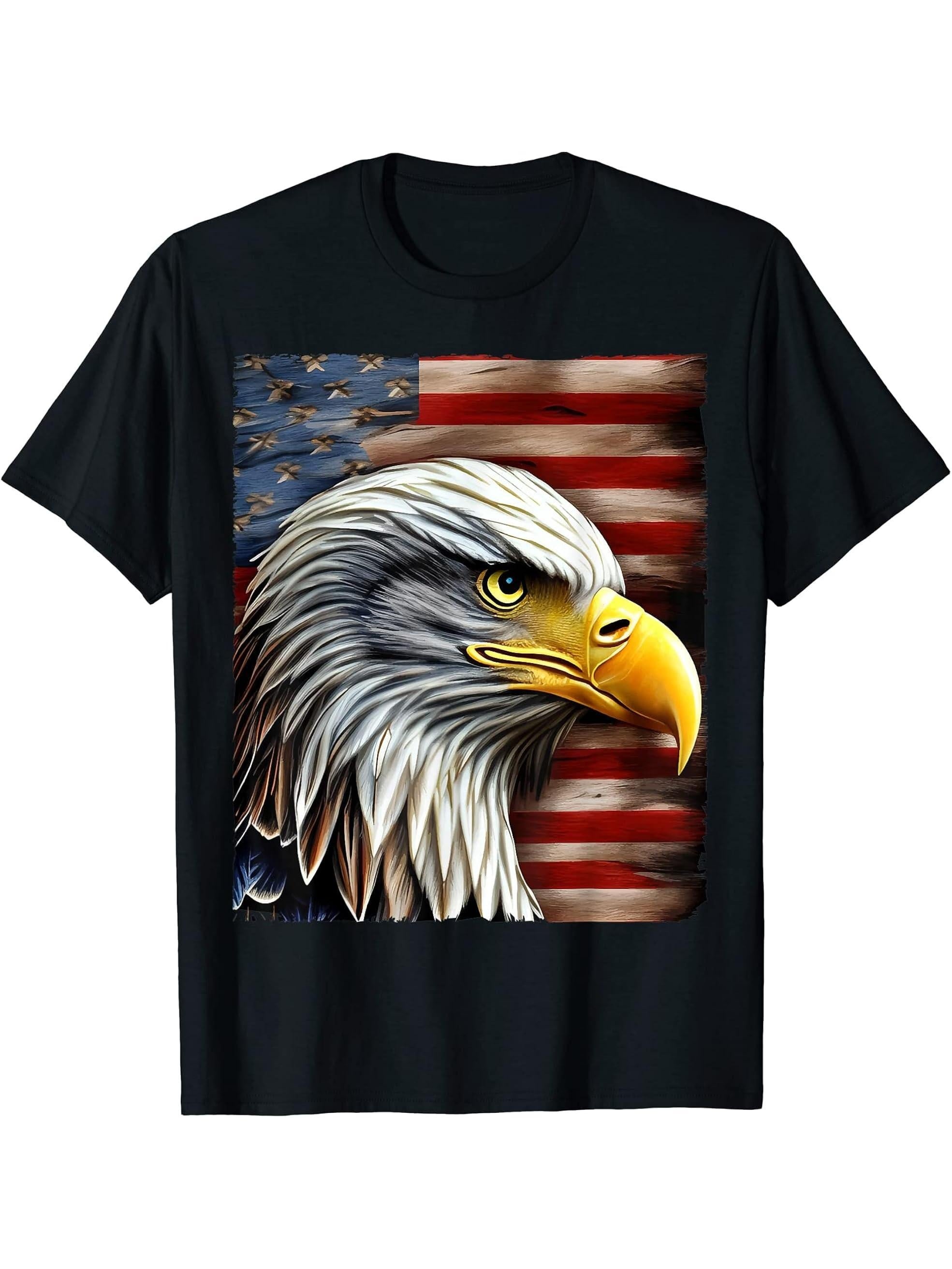 Bald Eagle On American Flag 4th of July T-Shirt 180G 100% Cotton Printed Round Neck Short-Sleeve T-Shirt, Gifts for Men Dad Husband Grandpa, S-XXXL, Black