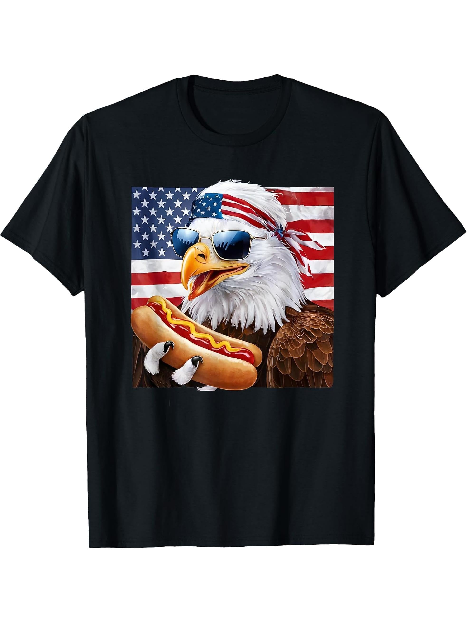 Bald Eagle Hotdog American Flag 4th Of July Patriotic T-Shirt 180G 100% Cotton Printed Round Neck Short-Sleeve T-Shirt, Gifts for Men Dad Husband Grandpa, S-XXXL, Black