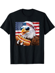 Bald Eagle Hotdog American Flag 4th Of July Patriotic T-Shirt 180G 100% Cotton Printed Round Neck Short-Sleeve T-Shirt, Gifts for Men Dad Husband Grandpa, S-XXXL, Black