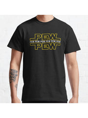 Pew Pew Pew Classic T-Shirt 100% Cotton, Gifts for Men Dad Husband Grandpa, S-XXXL, Black