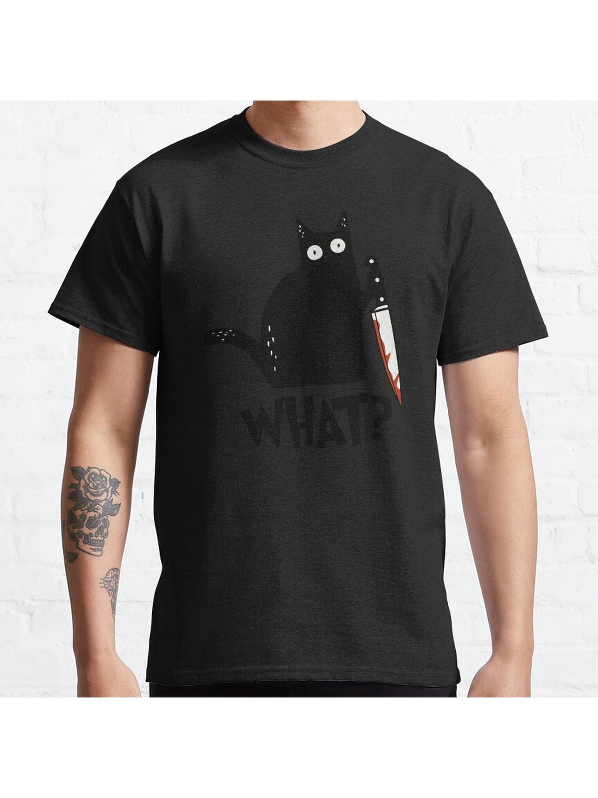 Cat What? Murderous Black Cat With Knife Gift Premium T-Shirt Classic T-Shirt 100% Cotton, Gifts for Men Dad Husband Grandpa, S-XXXL, Black