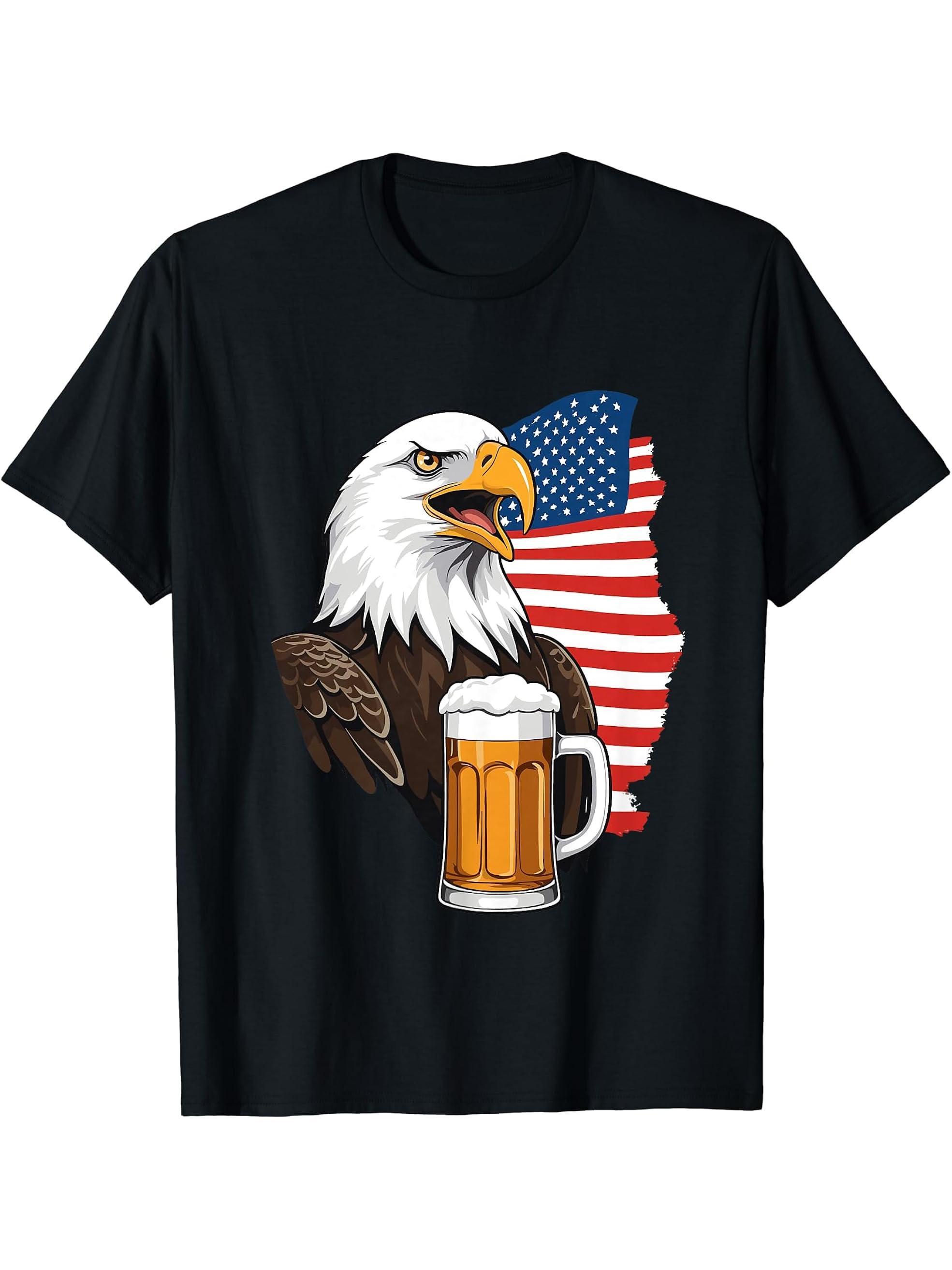 Funny Bald Eagle With Beer Mug Celebrate Freedom T-Shirt 180G 100% Cotton Printed Round Neck Short-Sleeve T-Shirt, Gifts for Men Dad Husband Grandpa, S-XXXL, Black