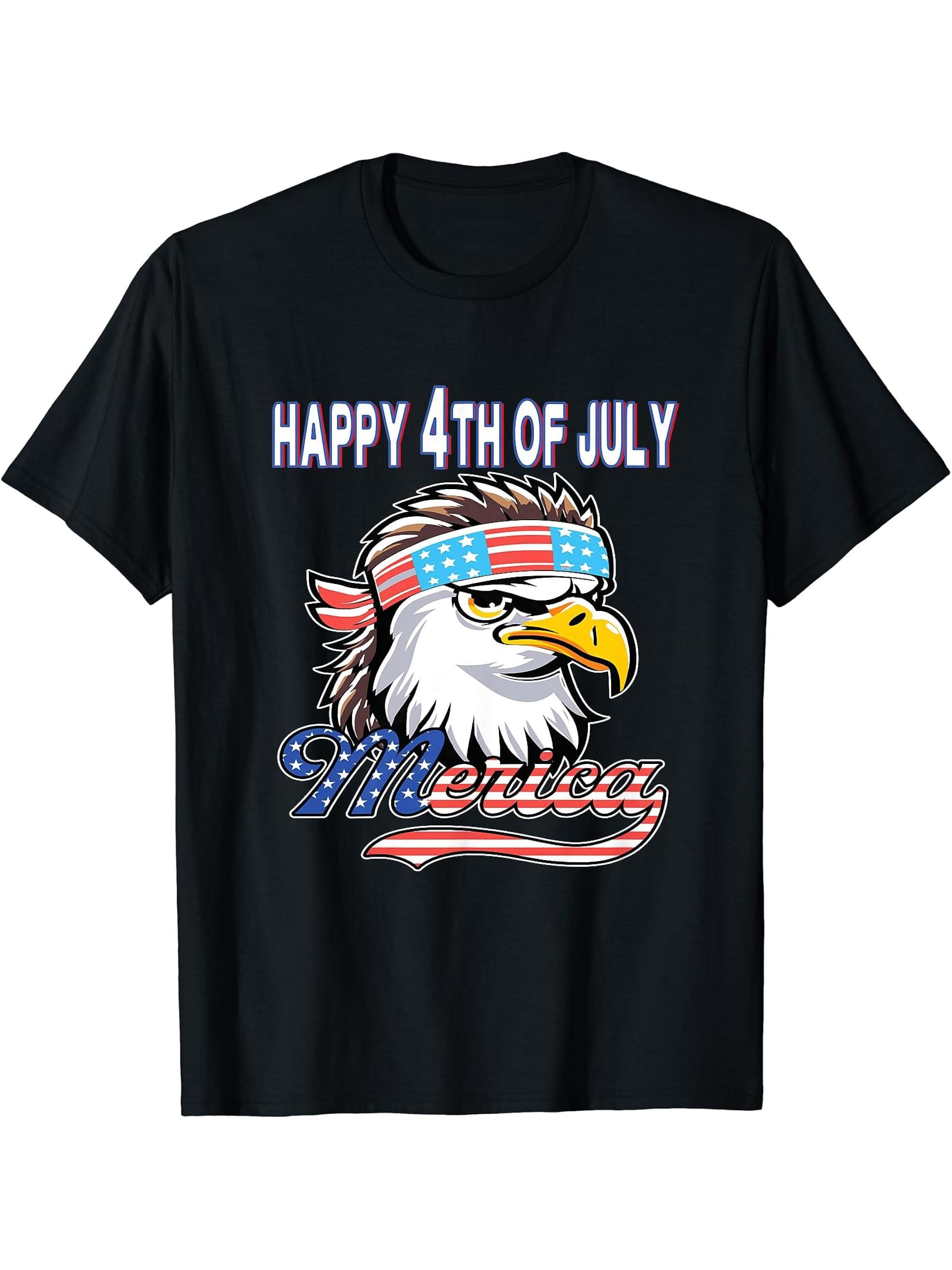 American Bald Eagle Eyes Shirt USA Flag Merica Patriotic Tee T-Shirt 180G 100% Cotton Printed Round Neck Short-Sleeve T-Shirt, Gifts for Men Dad Husband Grandpa, S-XXXL, Black