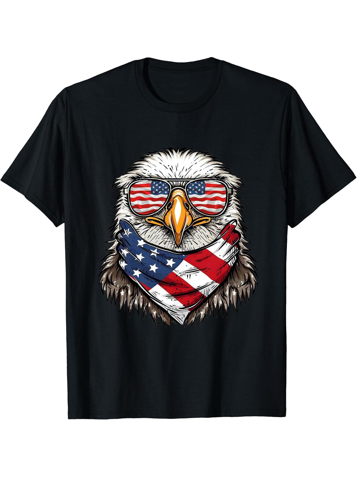 Bald Eagle Wearing USA Flag Patriotic Sunglasses 4th Of July T-Shirt 180G 100% Cotton Printed Round Neck Short-Sleeve T-Shirt, Gifts for Men Dad Husband Grandpa, S-XXXL, Black
