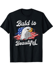 Bald Is Beautiful Eagle USA American Flag 4th Of July Grunge T-Shirt 180G 100% Cotton Printed Round Neck Short-Sleeve T-Shirt, Gifts for Men Dad Husband Grandpa, S-XXXL, Black