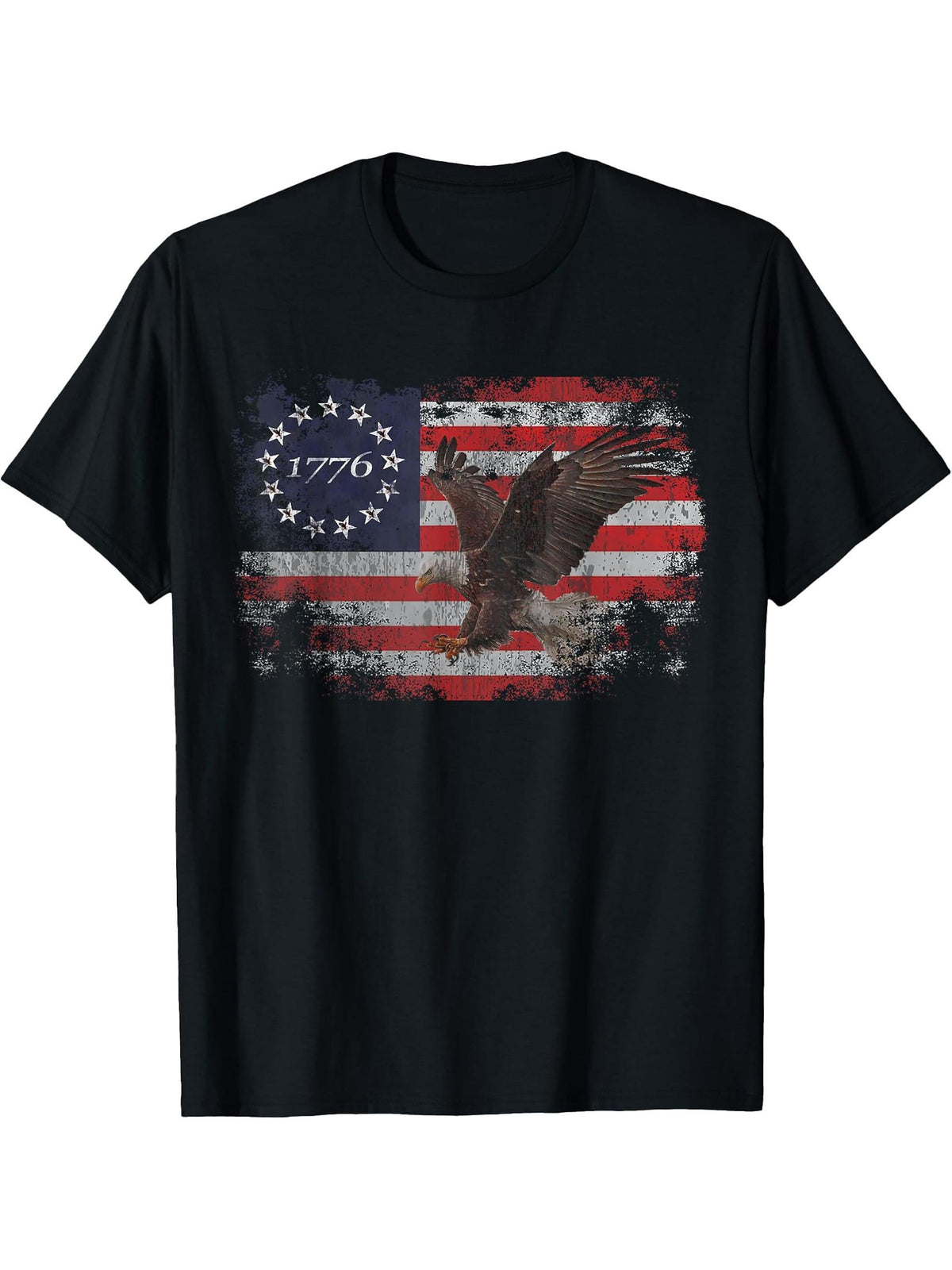 Bald Eagle Patriotic American Flag Eagle 4th of July USA T-Shirt 180G 100% Cotton Printed Round Neck Short-Sleeve T-Shirt, Gifts for Men Dad Husband Grandpa, S-XXXL, Black