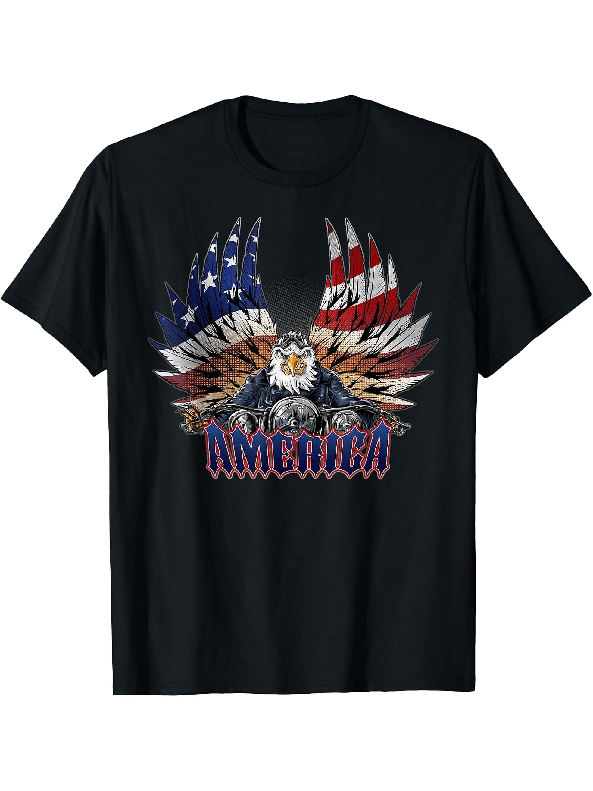 Biker bald eagle patriotic america t-shirt 180G 100% Cotton Printed Round Neck Short-Sleeve T-Shirt, Gifts for Men Dad Husband Grandpa, S-XXXL, Black