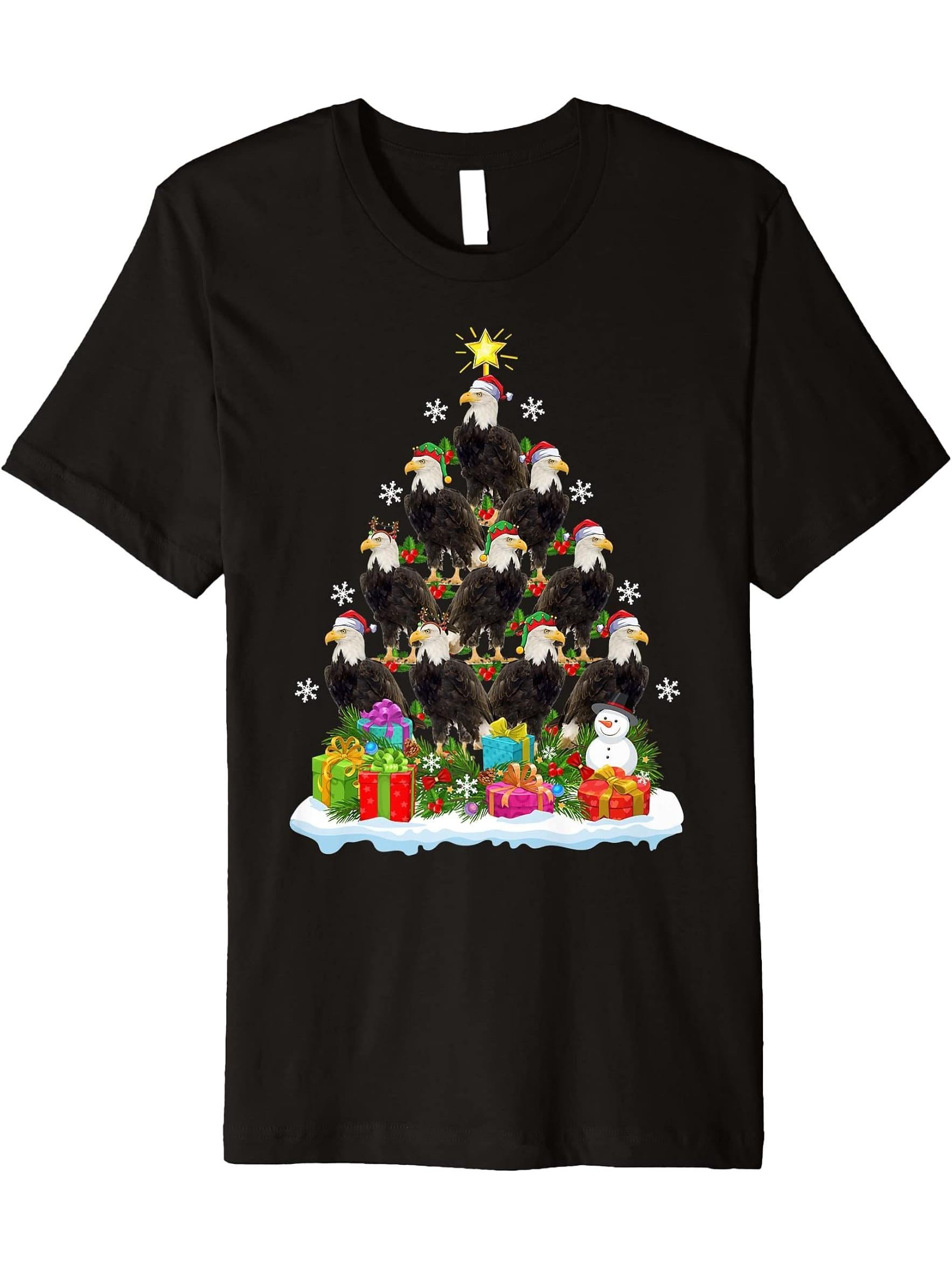 Bald Eagle Xmas Tree Lighting Santa Bald Eagle Christmas Premium T-Shirt 180G 100% Cotton Printed Round Neck Short-Sleeve T-Shirt, Gifts for Men Dad Husband Grandpa, S-XXXL, Black