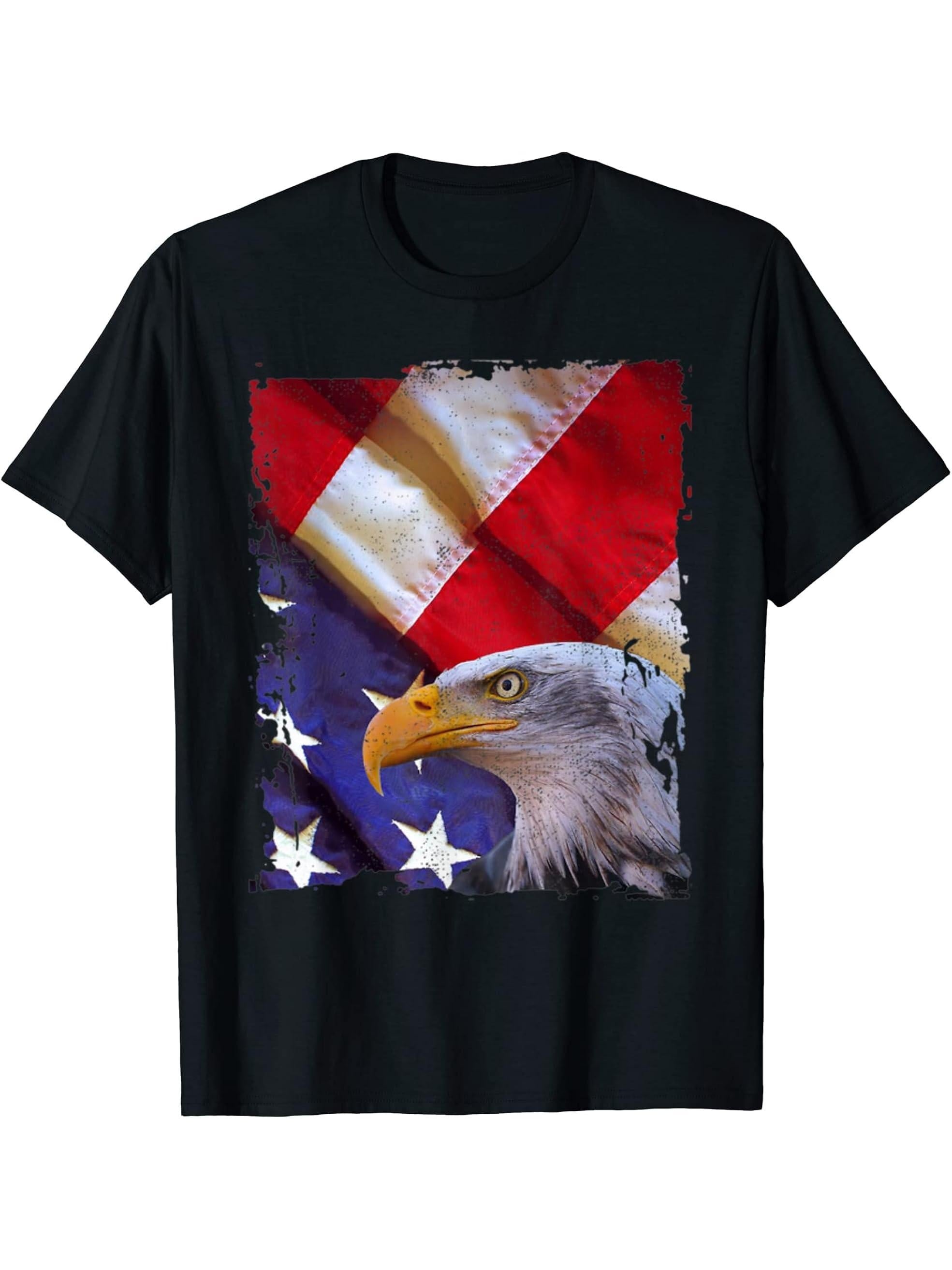 Bald Eagle 4th of July Christmas American Flag Country T-Shirt 180G 100% Cotton Printed Round Neck Short-Sleeve T-Shirt, Gifts for Men Dad Husband Grandpa, S-XXXL, Black