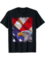 Bald Eagle 4th of July Christmas American Flag Country T-Shirt 180G 100% Cotton Printed Round Neck Short-Sleeve T-Shirt, Gifts for Men Dad Husband Grandpa, S-XXXL, Black