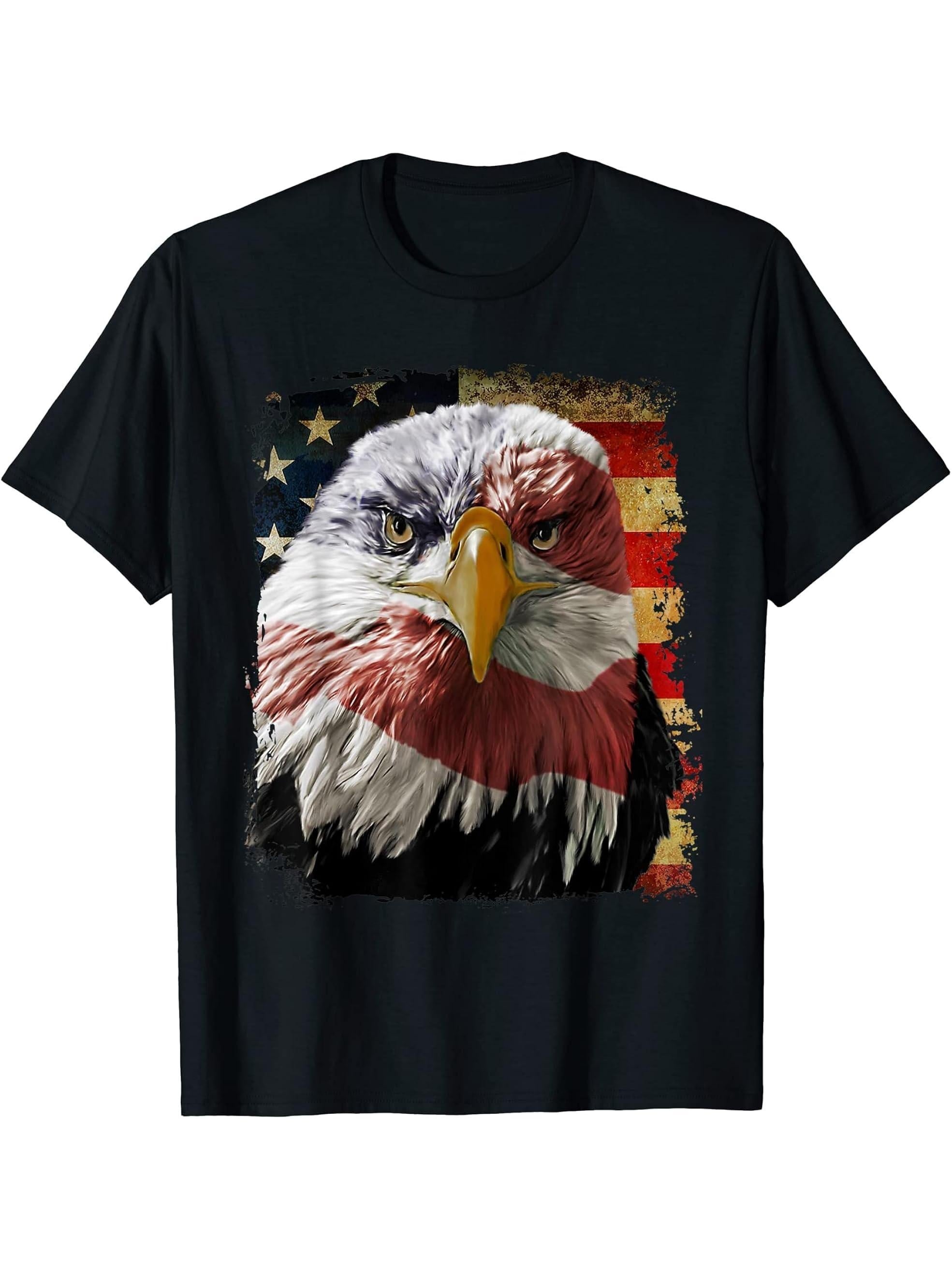 Bald Eagle 4th of July Christmas American Flag Country T-Shirt 180G 100% Cotton Printed Round Neck Short-Sleeve T-Shirt, Gifts for Men Dad Husband Grandpa, S-XXXL, Black