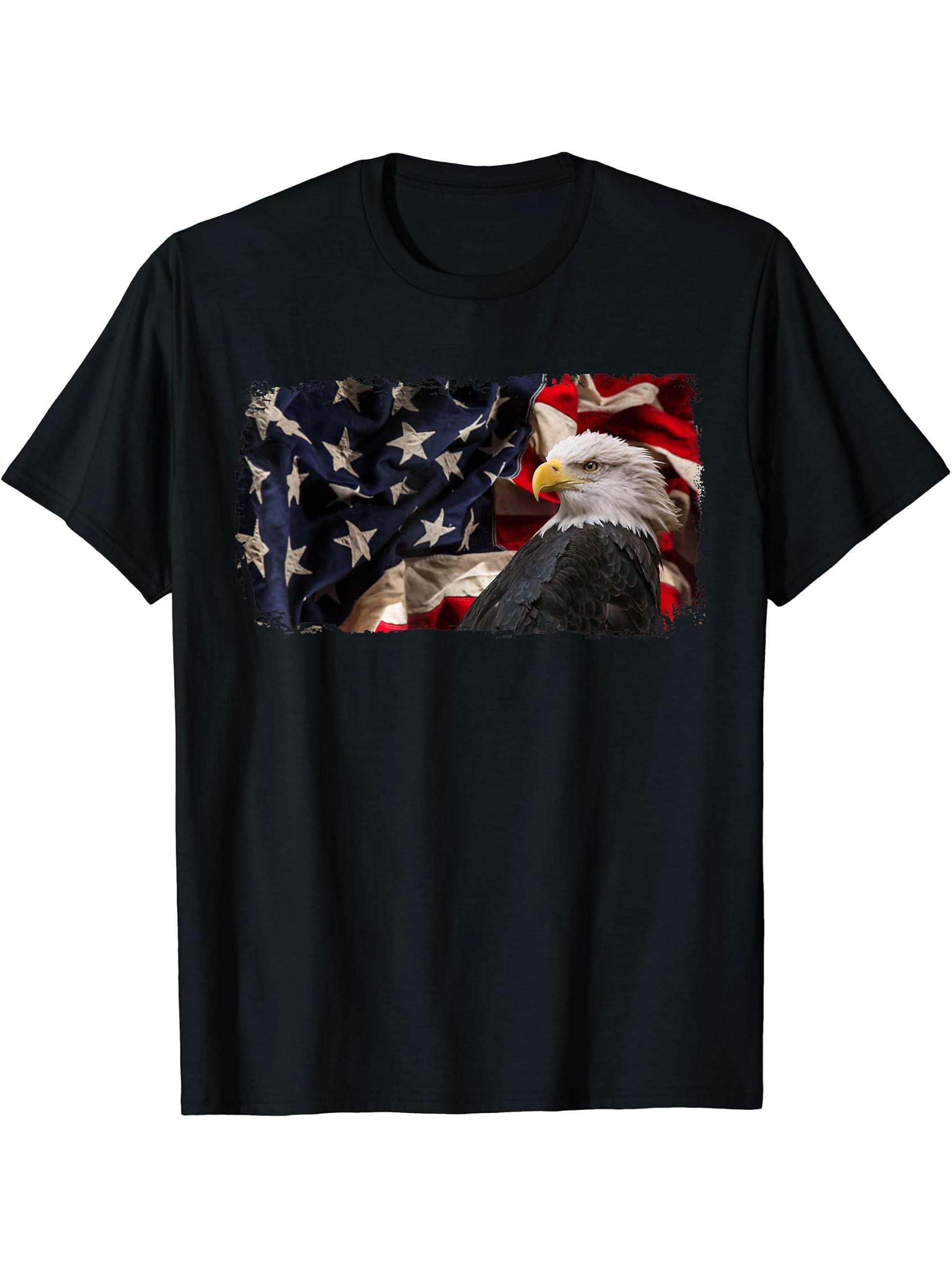 Bald Eagle 4th of July Christmas American Flag Country T-Shirt 180G 100% Cotton Printed Round Neck Short-Sleeve T-Shirt, Gifts for Men Dad Husband Grandpa, S-XXXL, Black