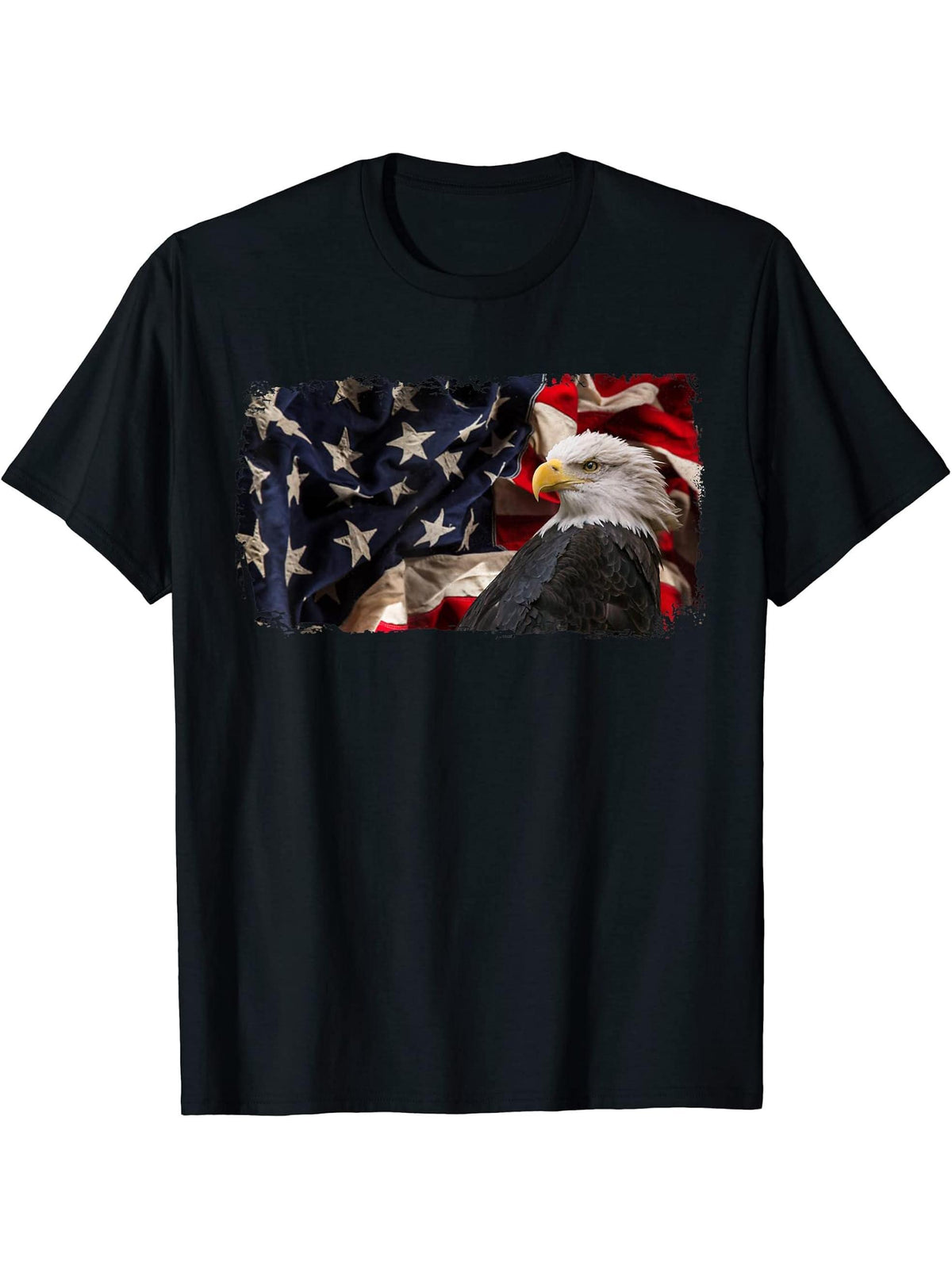 Bald Eagle 4th of July Christmas American Flag Country T-Shirt 180G 100% Cotton Printed Round Neck Short-Sleeve T-Shirt, Gifts for Men Dad Husband Grandpa, S-XXXL, Black