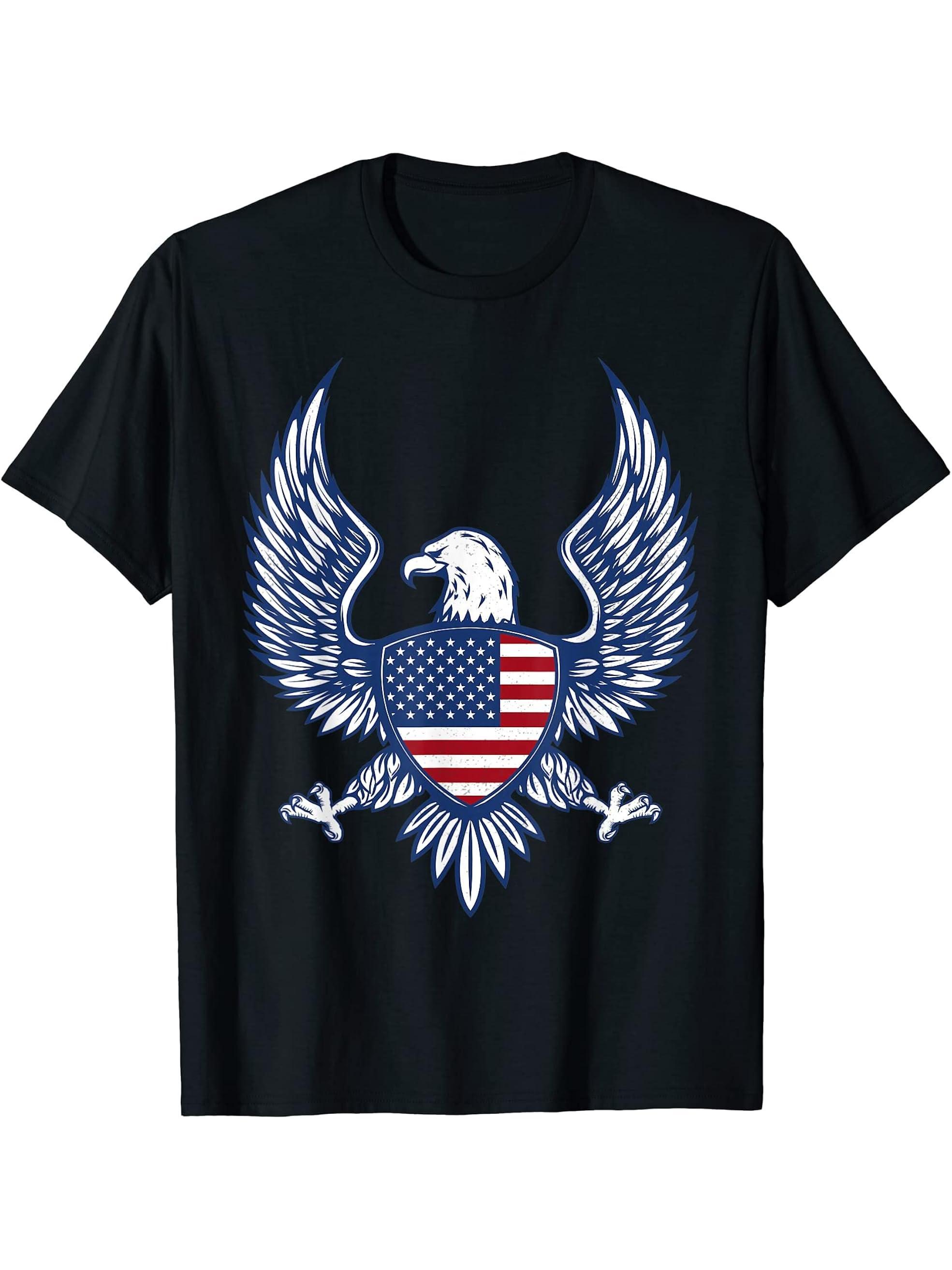 Bald Eagle 4th of July Christmas American Flag Country T-Shirt 180G 100% Cotton Printed Round Neck Short-Sleeve T-Shirt, Gifts for Men Dad Husband Grandpa, S-XXXL, Black