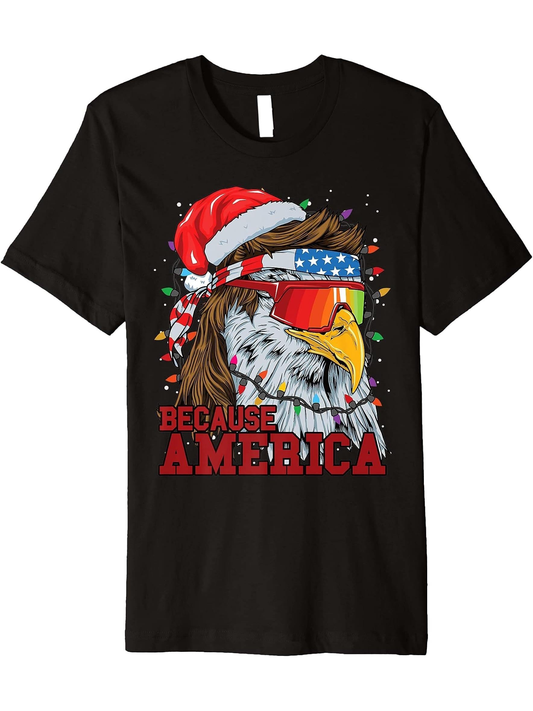 Because America Bald Eagle Mullet Patriotic Christmas Eagle Premium T-Shirt 180G 100% Cotton Printed Round Neck Short-Sleeve T-Shirt, Gifts for Men Dad Husband Grandpa, S-XXXL, Black