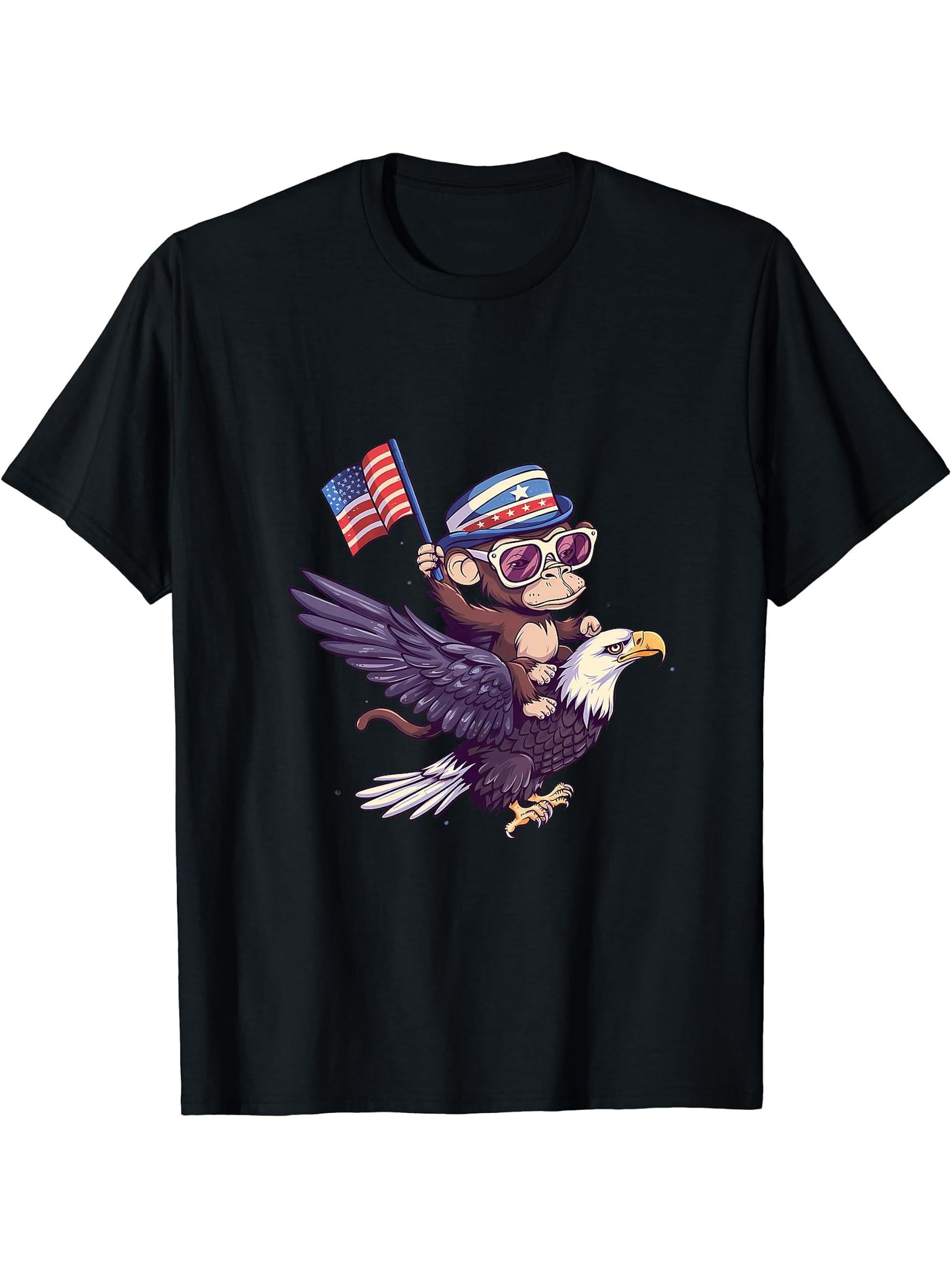 Funny Monkey Bald Eagle American Flag USA Fourth Of July T-Shirt 180G 100% Cotton Printed Round Neck Short-Sleeve T-Shirt, Gifts for Men Dad Husband Grandpa, S-XXXL, Black