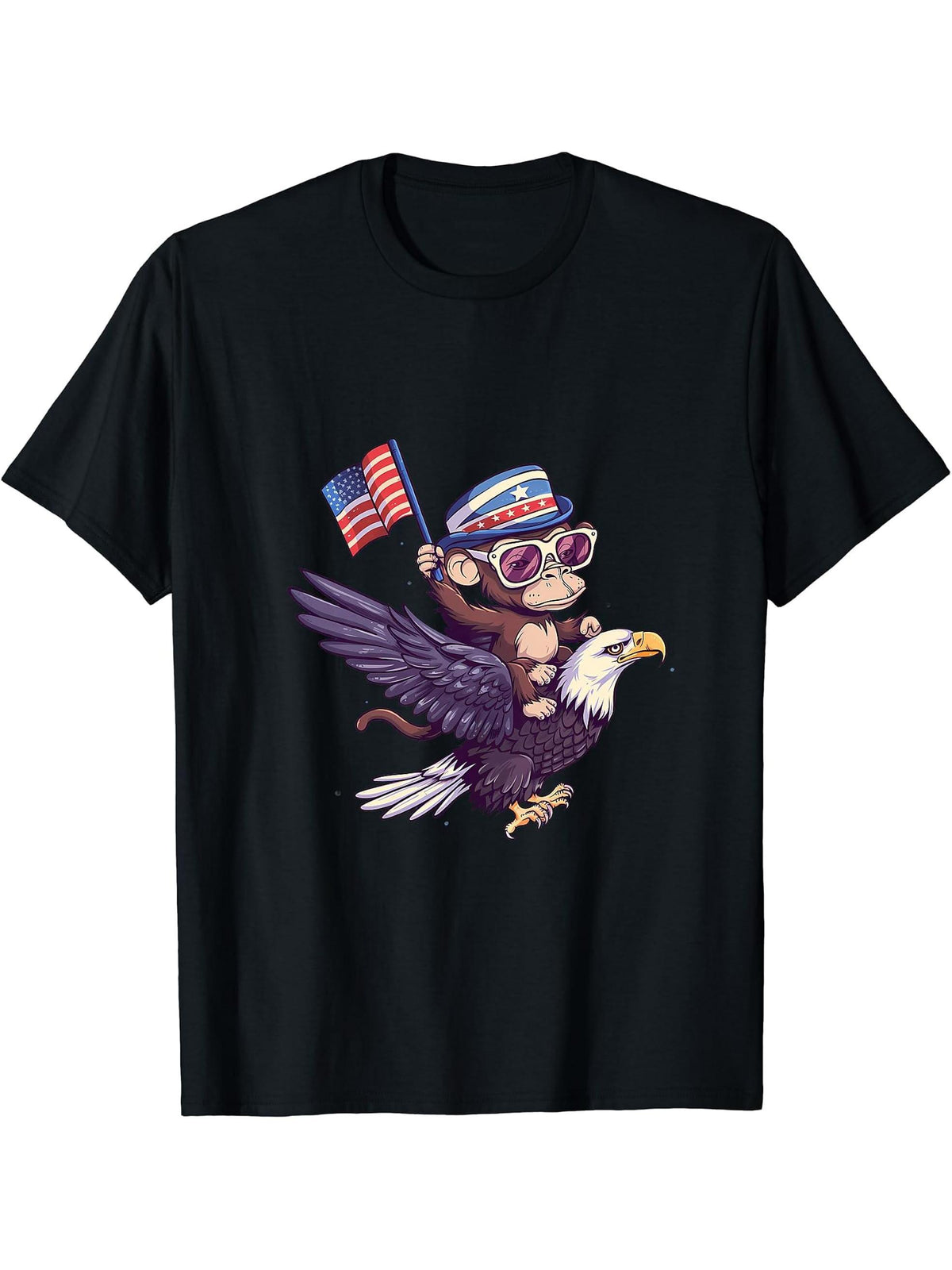 Funny Monkey Bald Eagle American Flag USA Fourth Of July T-Shirt 180G 100% Cotton Printed Round Neck Short-Sleeve T-Shirt, Gifts for Men Dad Husband Grandpa, S-XXXL, Black