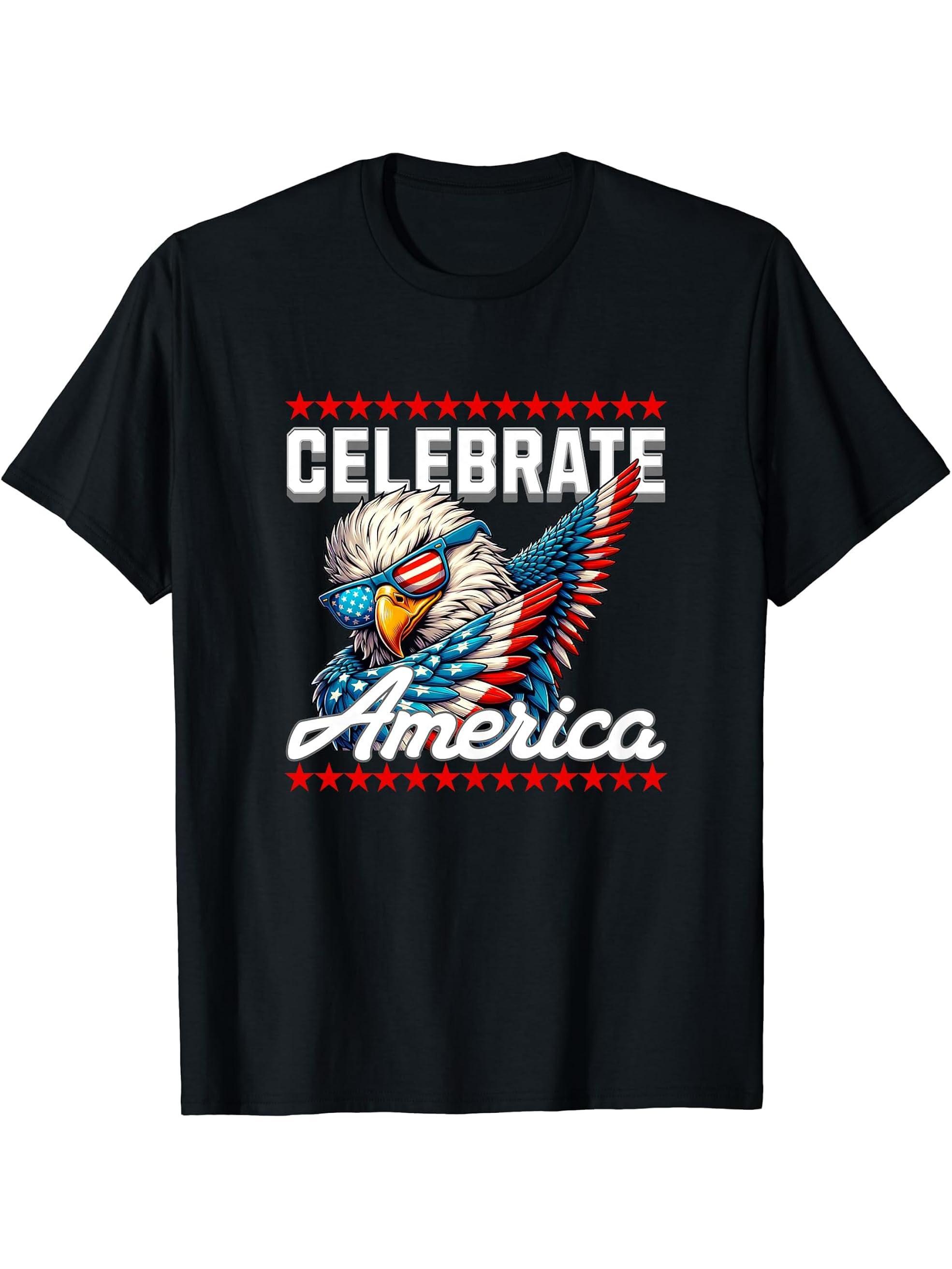 Celebrate America Patriotic Bald Eagle Sunglasses T-Shirt 180G 100% Cotton Printed Round Neck Short-Sleeve T-Shirt, Gifts for Men Dad Husband Grandpa, S-XXXL, Black
