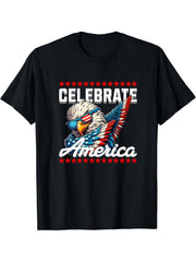 Celebrate America Patriotic Bald Eagle Sunglasses T-Shirt 180G 100% Cotton Printed Round Neck Short-Sleeve T-Shirt, Gifts for Men Dad Husband Grandpa, S-XXXL, Black