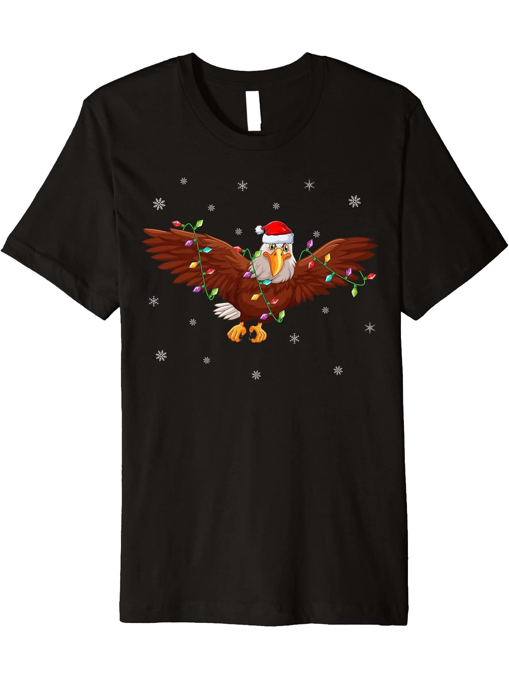 Bald Eagle Bird Xmas Lighting Santa Hat Bald Eagle Christmas Premium T-Shirt 180G 100% Cotton Printed Round Neck Short-Sleeve T-Shirt, Gifts for Men Dad Husband Grandpa, S-XXXL, Black