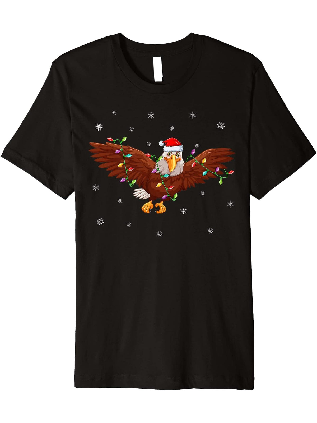 Bald Eagle Bird Xmas Lighting Santa Hat Bald Eagle Christmas Premium T-Shirt 180G 100% Cotton Printed Round Neck Short-Sleeve T-Shirt, Gifts for Men Dad Husband Grandpa, S-XXXL, Black