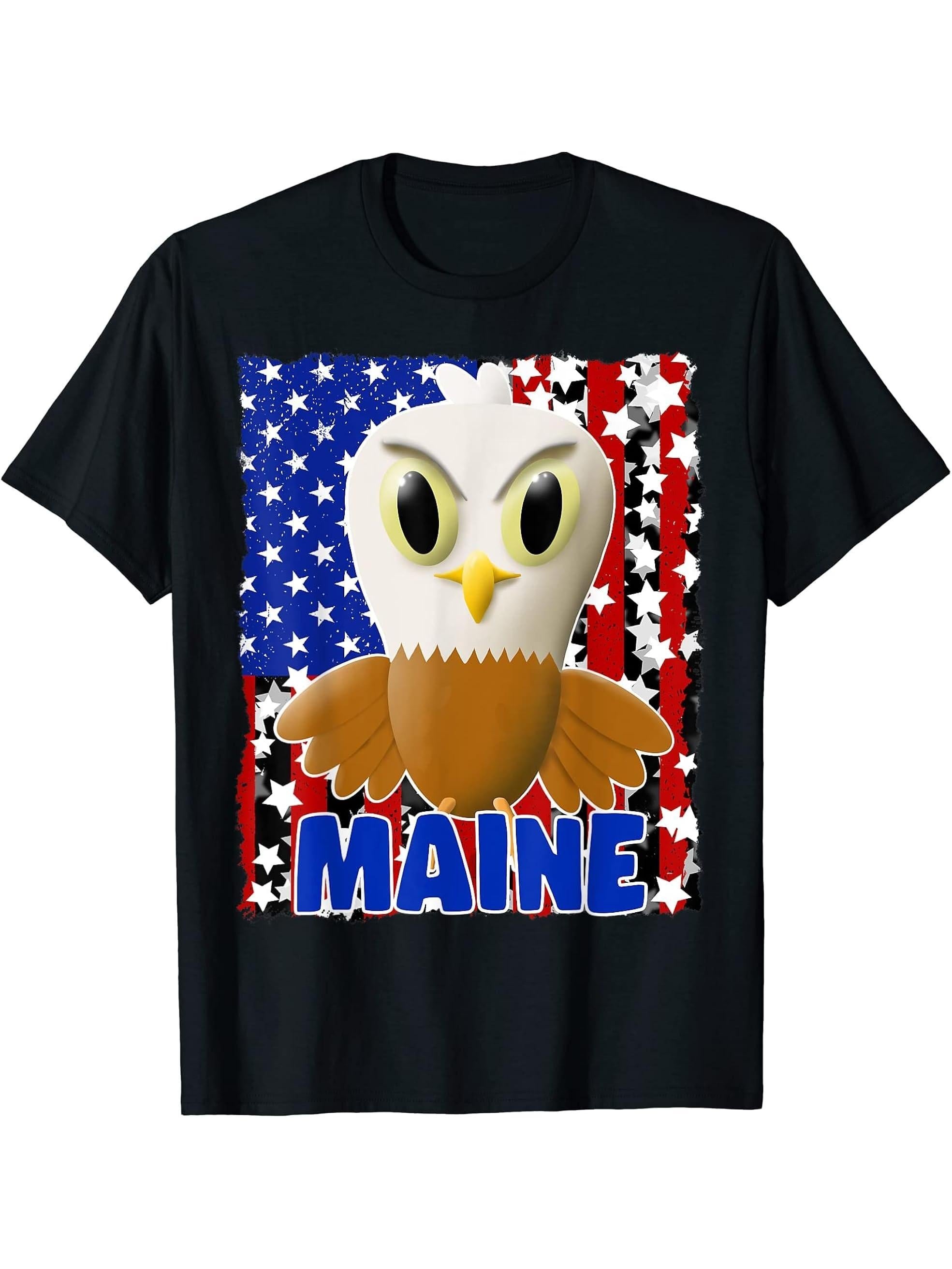 Boy Girl Maine Bald Eagle Tshirt Proud American Flag Boys Girls T-Shirt 180G 100% Cotton Printed Round Neck Short-Sleeve T-Shirt, Gifts for Men Dad Husband Grandpa, S-XXXL, Black